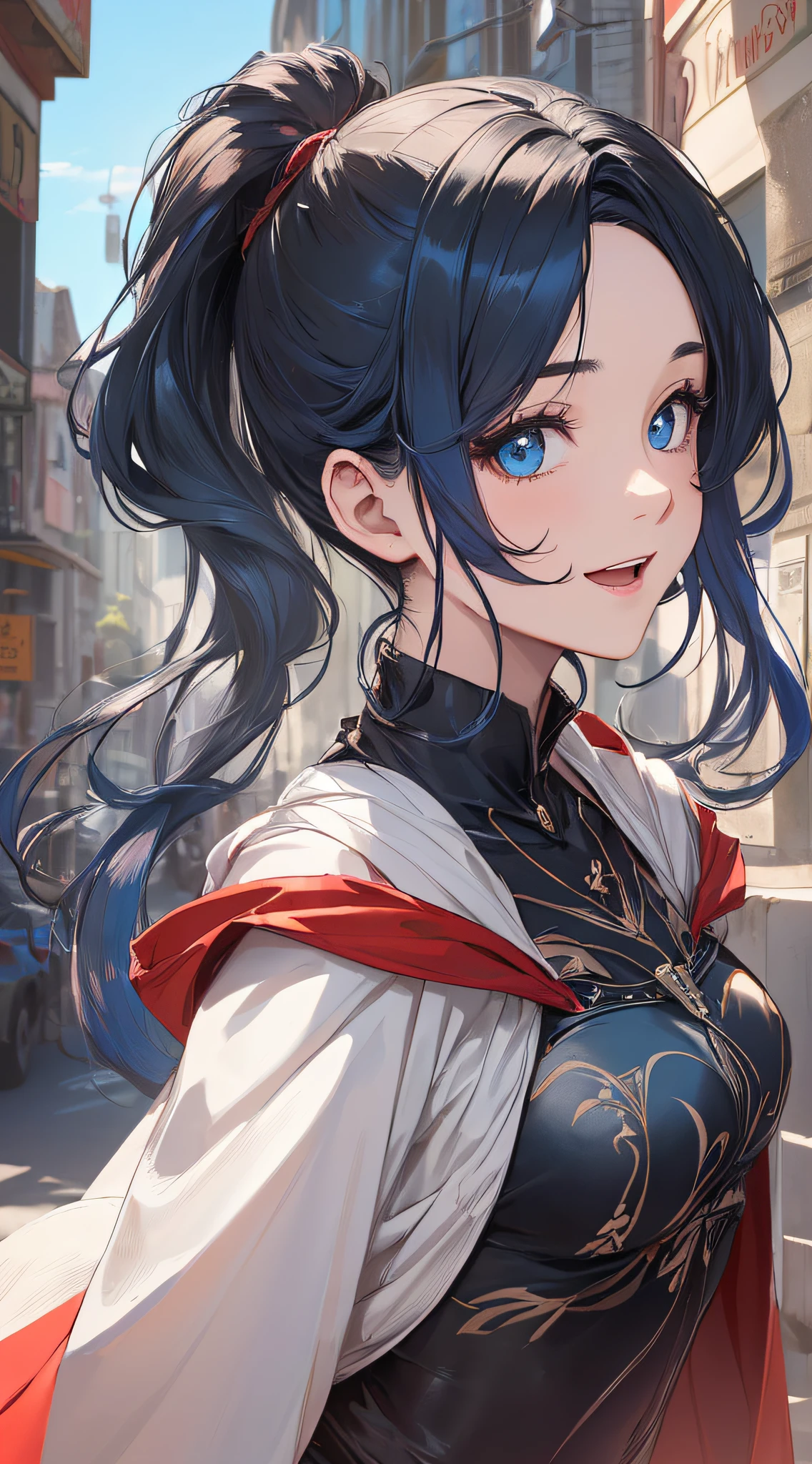 top-quality、Top image quality、masterpiece、girl with((cute little、18year old、Best Bust、Medium bust、Bust 85,Beautiful blue eyes、Breasts wide open,Ponytail with black hair、A slender、Blue hair mesh、white t-shirts,red cloak、falda corta,Laugh、Leaning forward、levitation))hiquality、Beautiful Art、Background with((blue-sky、mid air)),masutepiece、Elaborate design、visualart、depth of fields、The best lighting、highestdetailed、8k