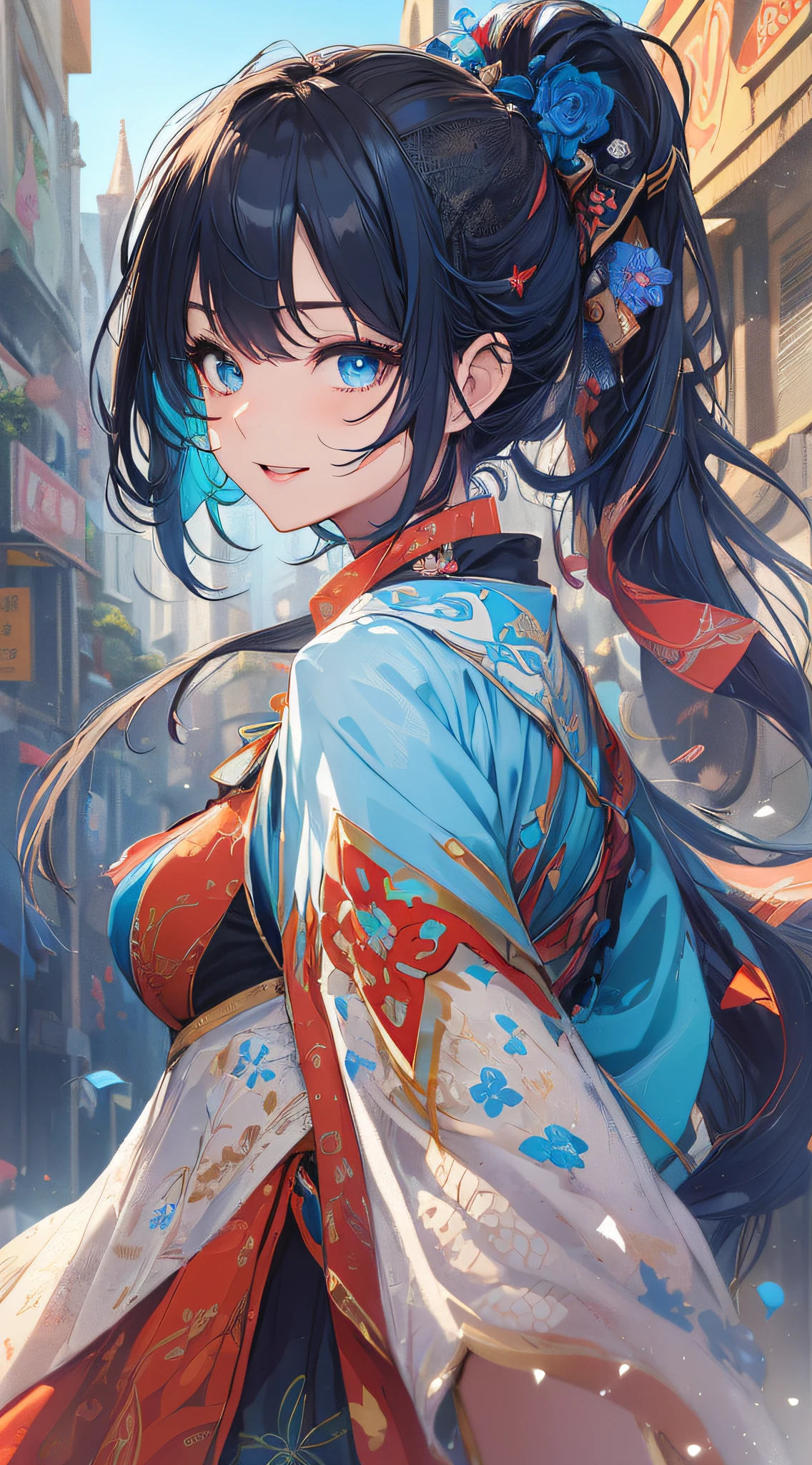 top-quality、Top image quality、masterpiece、girl with((cute little、18year old、Best Bust、Medium bust、Bust 85,Beautiful blue eyes、Breasts wide open,Ponytail with black hair、A slender、Blue hair mesh、white t-shirts,red cloak、falda corta,Laugh、Leaning forward、levitation))hiquality、Beautiful Art、Background with((blue-sky、mid air)),masutepiece、Elaborate design、visualart、depth of fields、The best lighting、highestdetailed、8k