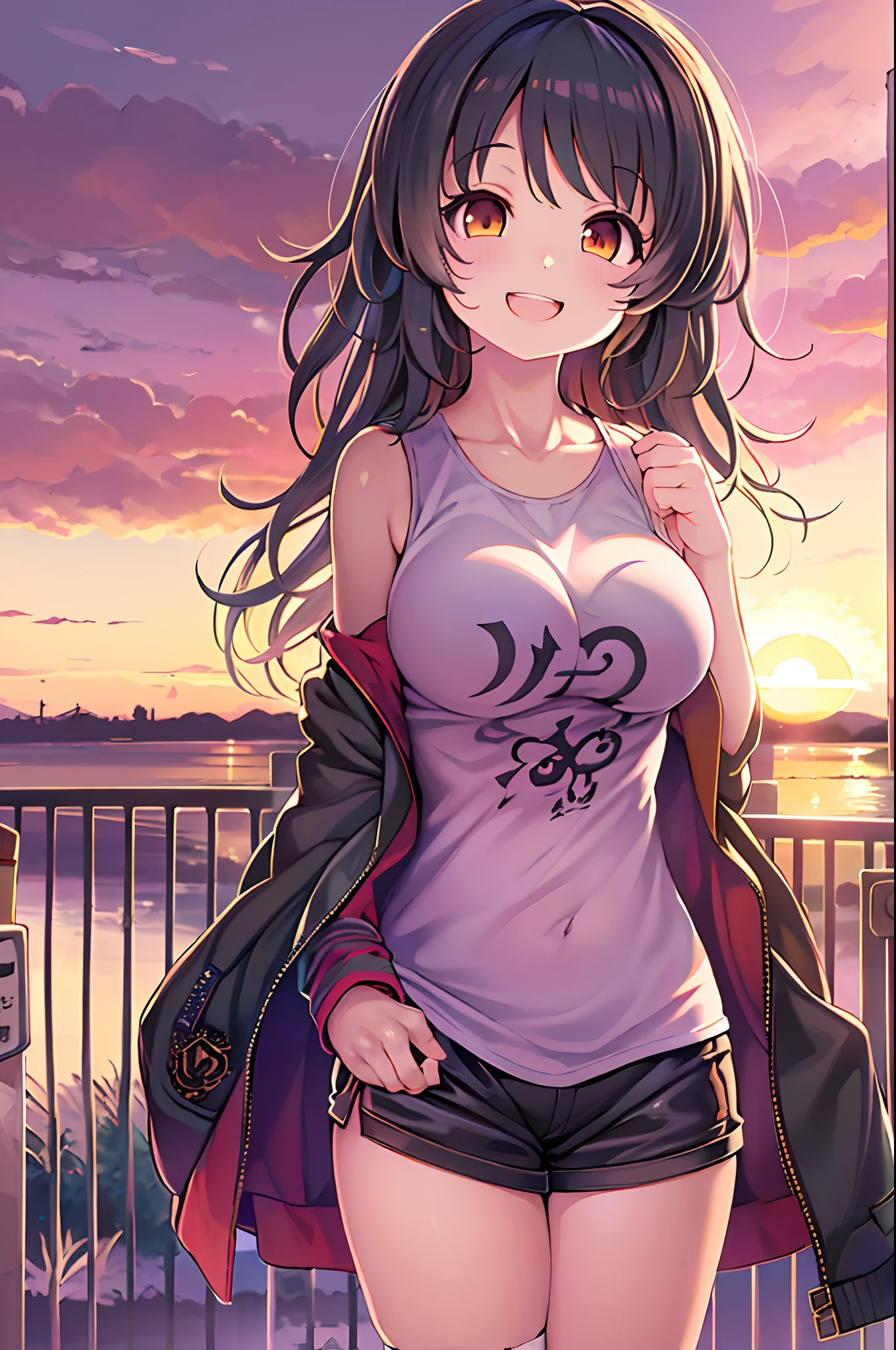 1girl in, Photo models, Smile, focus on viewer, Beautiful lighting, Best Quality, masutepiece, 超A high resolution, Anime style, Black hair, Short tank top, Short pants, Long stockings, medium breasts, White skin,( Sunset background:1.4)