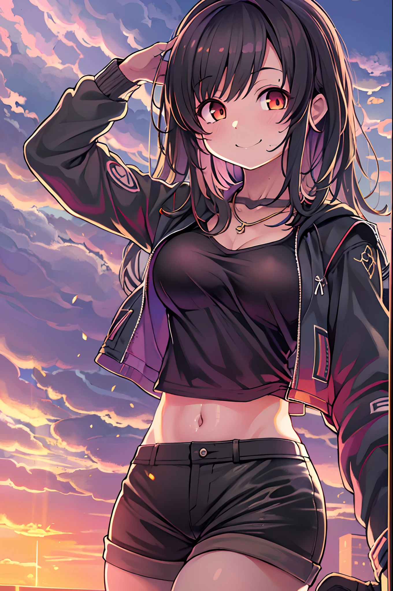 1girl in, Photo models, Smile, focus on viewer, Beautiful lighting, Best Quality, masutepiece, 超A high resolution, Anime style, Black hair, Short tank top, Short pants, Long stockings, medium breasts, White skin,( Sunset background:1.4)