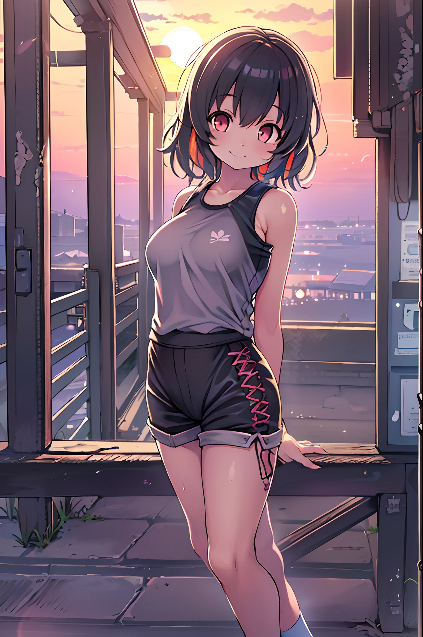1girl in, Photo models, Smile, focus on viewer, Beautiful lighting, Best Quality, masutepiece, 超A high resolution, Anime style, Black hair, Short tank top, Short pants, Long stockings, medium breasts, White skin,( Sunset background:1.4)