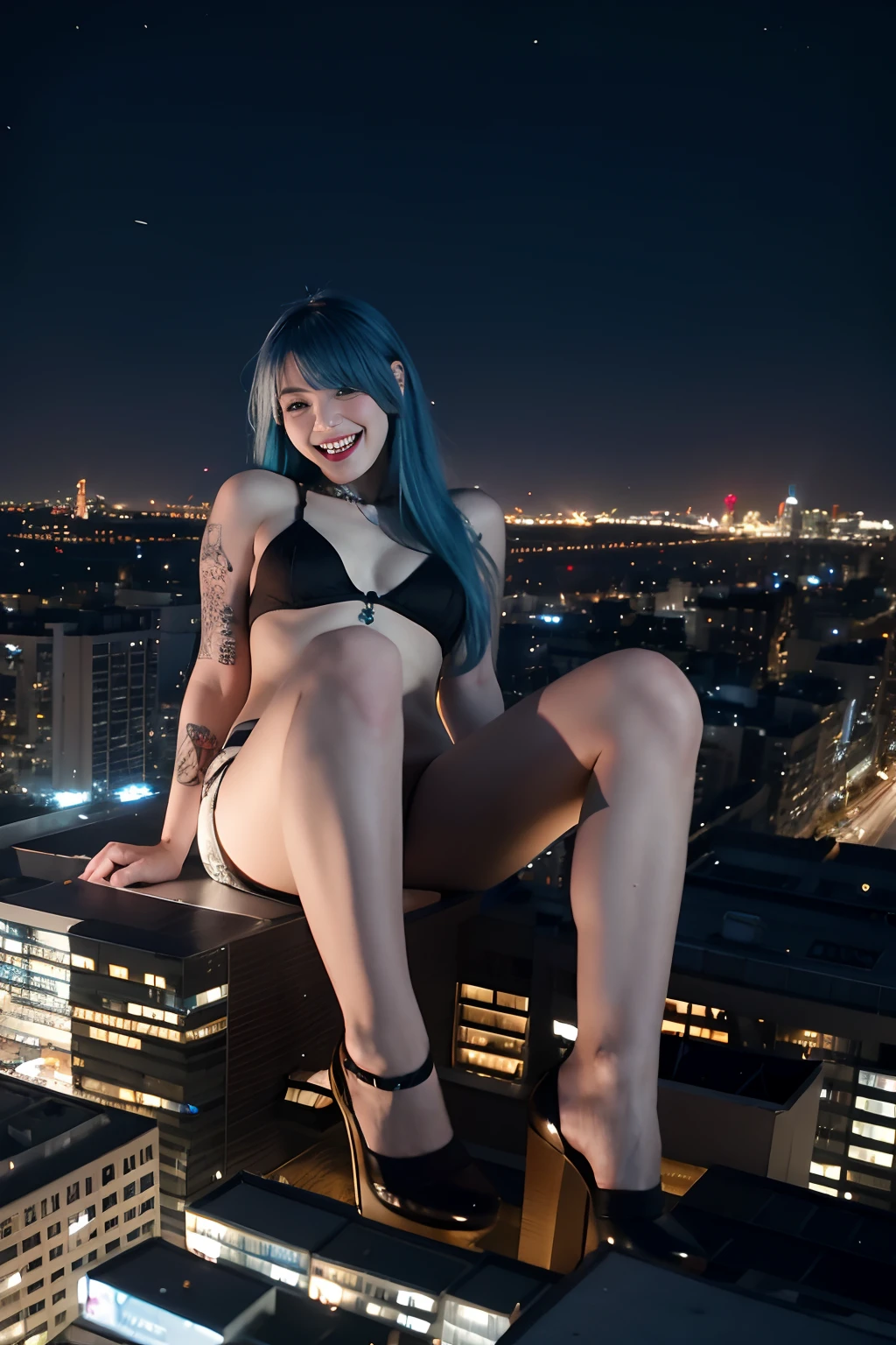 Giantess prostitute laughing over city, long blue hair, tattoos, night