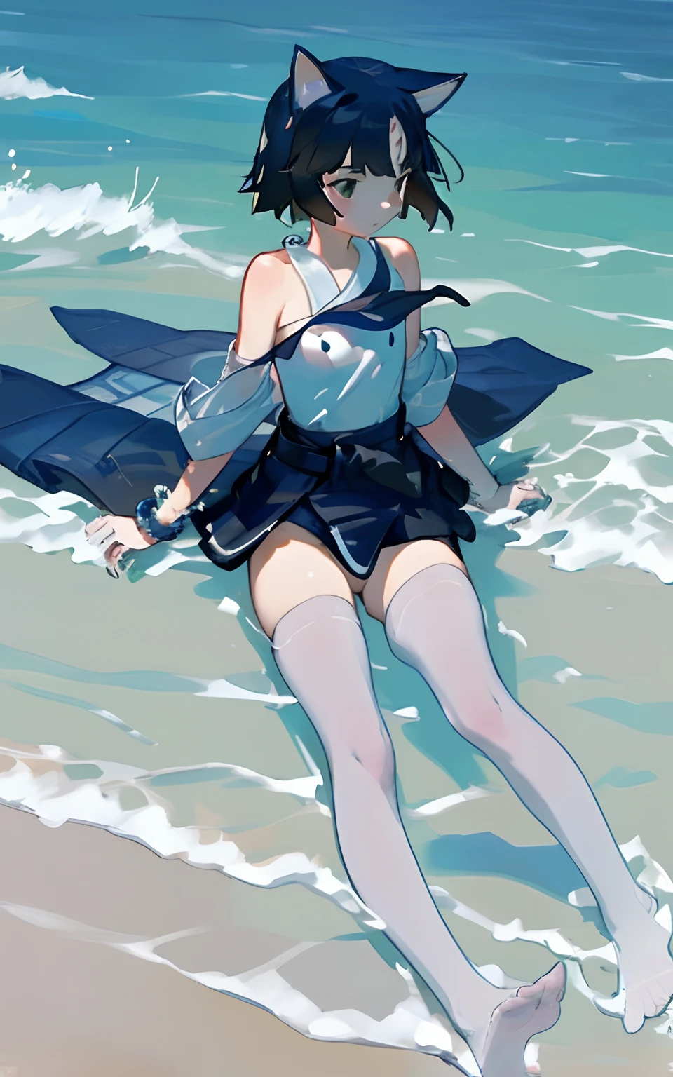(((swim wears))),underwear, Seaside, Ocean,Dog ears, Bare shoulders,swim ring,White knee-length stockings,Superskirt,mature