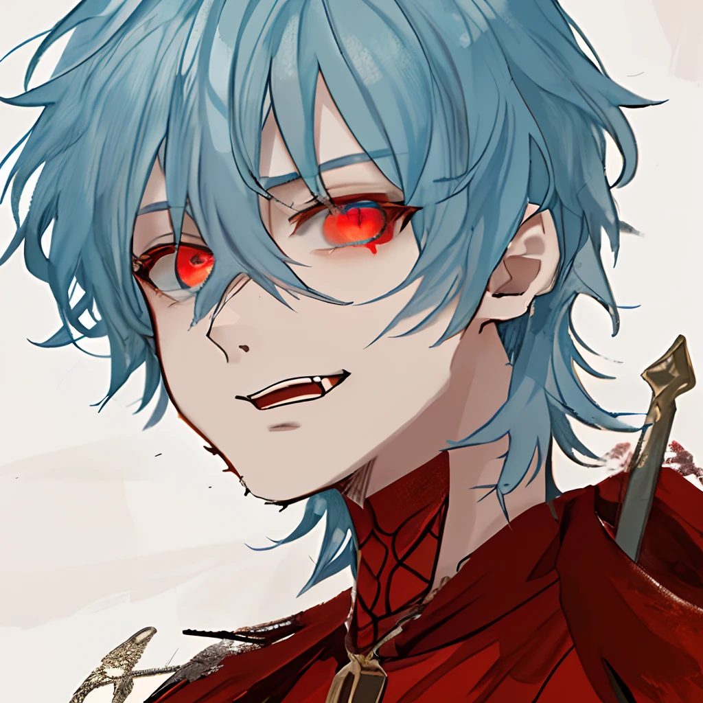 blue hairs，red color eyes，A mocking expression，Medieval dress-up，young  male