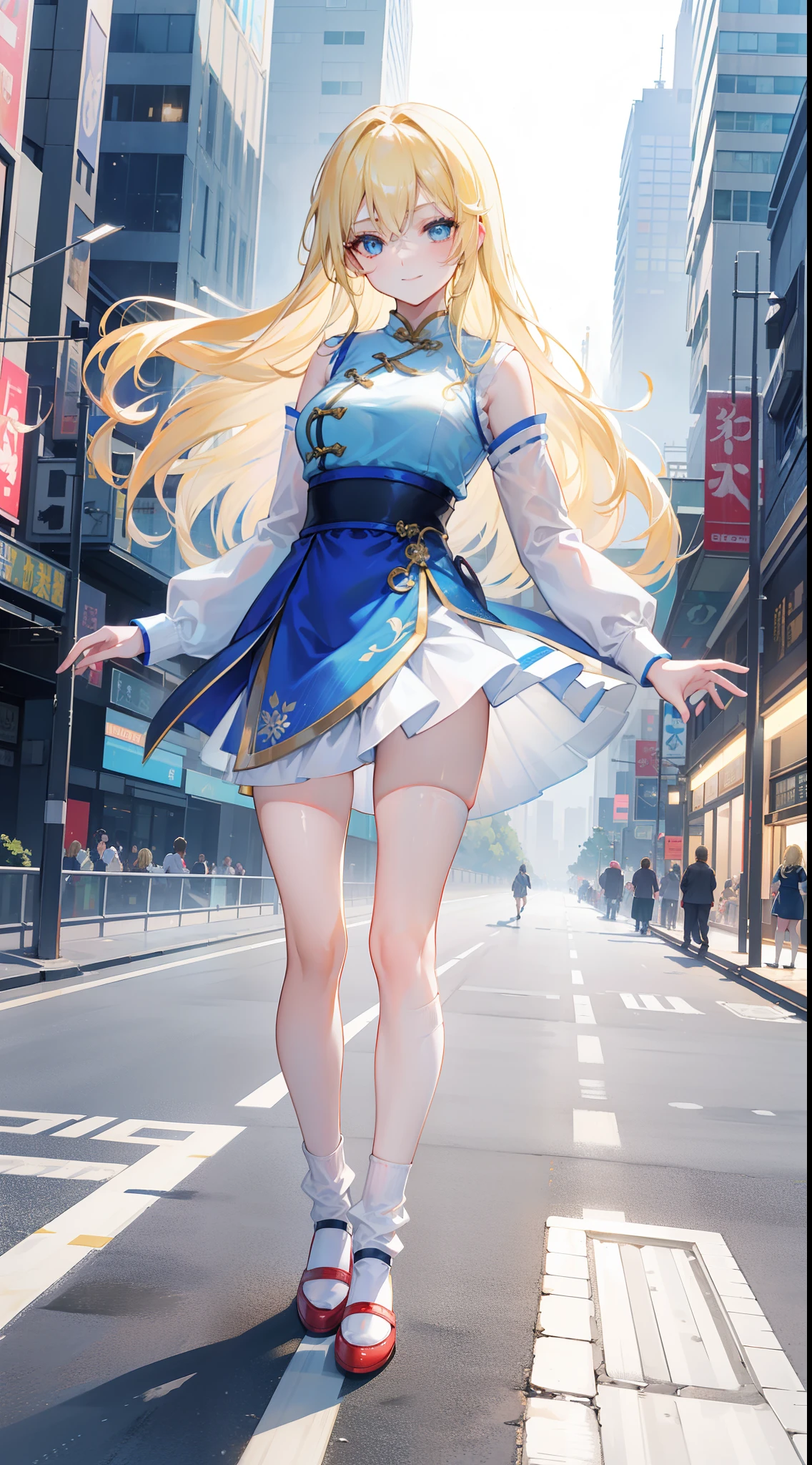 a beauty girl,(blonde with blue eyes),(21st century),modern urban,(Youth and liveliness),on cheongsam,(White knee-length socks),Stand on the road,(A sea of people),Background a lot of people,(With a smile),(lovemaking)