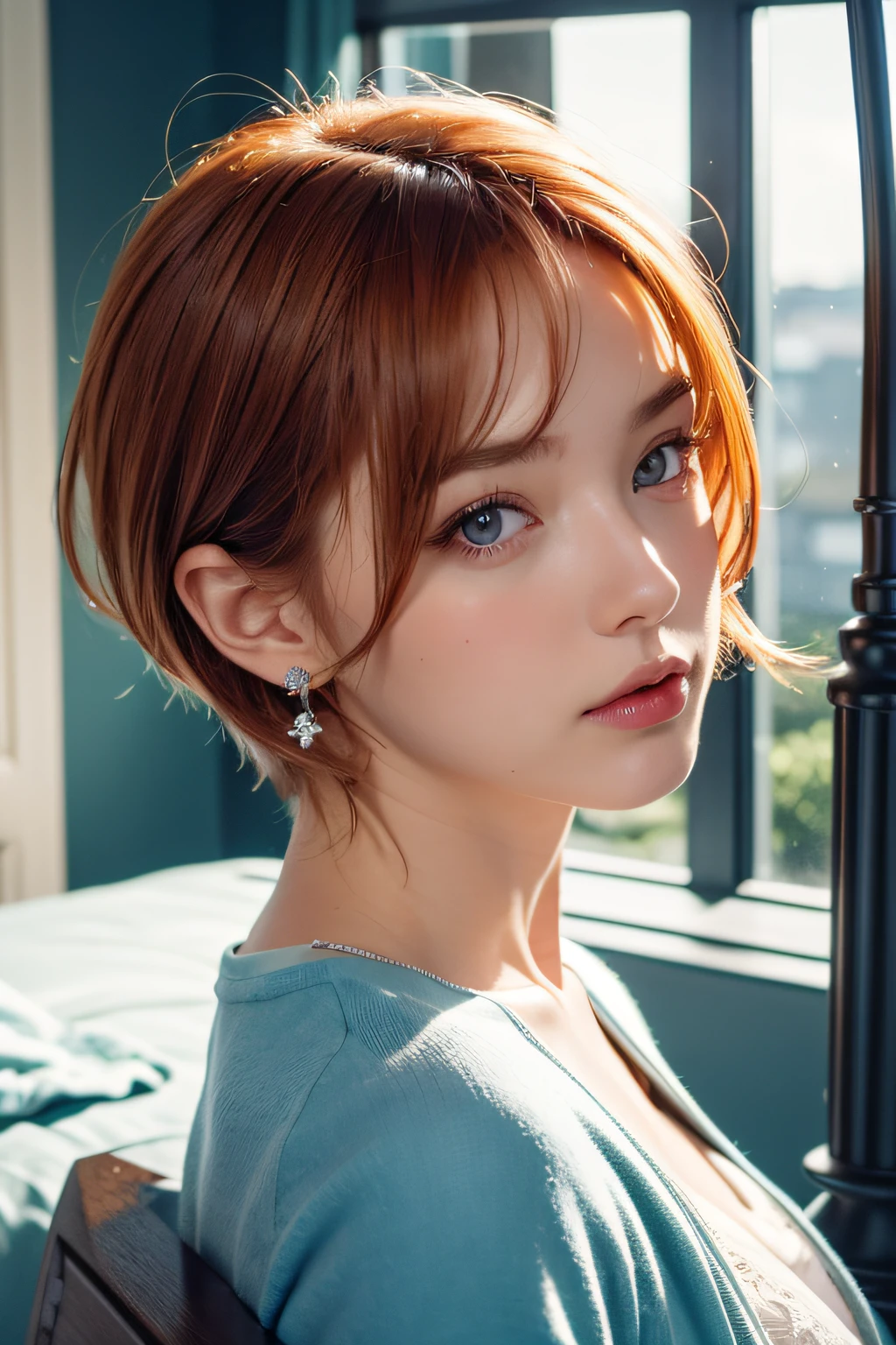 Best Quality, (masutepiece:1.2), Illustration, absurderes, (1girl in, Solo), (Beautiful detailed girl), ((Upper body, Portrait)),, Neck Macmillan, Short hair, Orange hair, Blue eyes, medium breasts, Blue Crystal Earrings, White jacket, , Cool, Calm, Looking at Viewer,, In an elegant bedroom, Night, window, drapes, Starry sky, apples, bookcase, nightstand, vases, desk work,