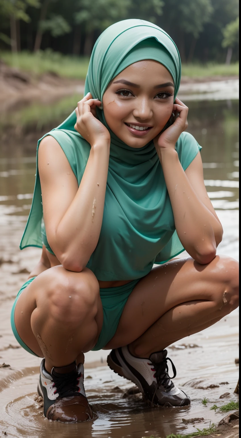 neelofa wearing pastel green hijab squatting in the mud at the river, squat, small tits, small breast, flat chest, wide waist, thick thighs, bright lighting, portrait photography, detail skin texture, mole below eyes, small breast, flat chest, wide waist, thick thighs, big thigh, big tight, slim abs, beautiful body, tall, nighttime, laughing, happy, bright lighting, wet body, too many mud in body, smudge mud in body, wet face, wear sneakers,