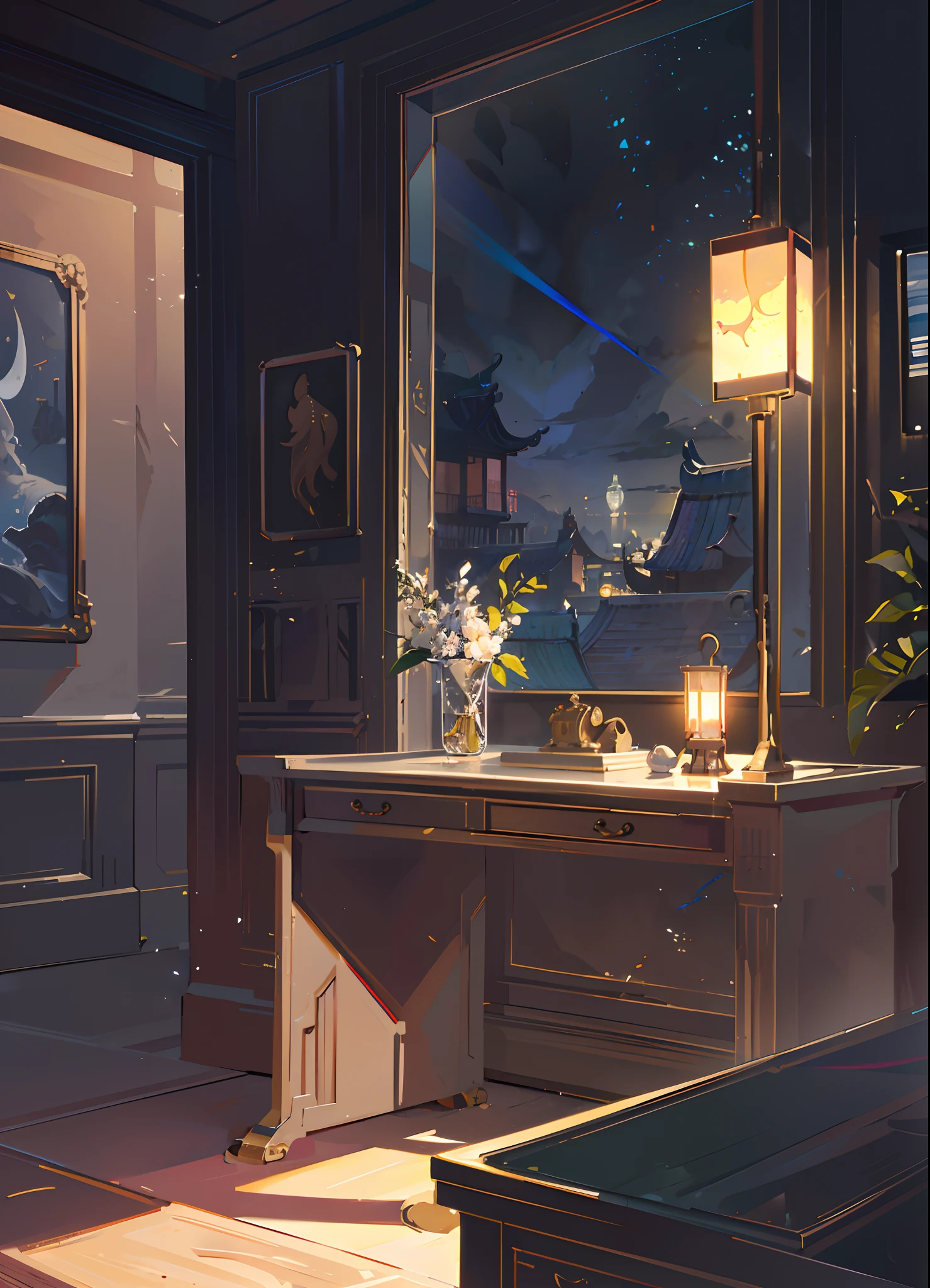 In the quiet night of the Song Dynasty, a serene scene unfolds. A traditional desk, crafted with exquisite Song Dynasty aesthetics, stands elegantly in a spacious room. The desk is adorned with delicate engravings and intricate patterns, reflecting the essence of the era. As the moonlight gently illuminates the room through a big window, the night sky outside is embraced by the tranquility of the scene.

In the warm glow of the moonlight, an adorable cat leisurely rests on the desk, blending seamlessly with the ambiance. Its graceful presence adds a touch of playfulness to the serene atmosphere. The cat's fur is depicted with great attention to detail, revealing its softness and irresistible charm.

Next to the desk, a computer is positioned, representing the harmonious coexistence of tradition and modernity. The computer's sleek design and state-of-the-art technology symbolize the integration of innovation with the beauty of the Song Dynasty aesthetics. It serves as a reminder of the ever-evolving nature of art.

The room is adorned with an abundance of plants, lush and vibrant. The foliage surrounds the space, breathing life into every corner. Their verdant green hues create a refreshing contrast against the wooden elements of the room. These plants symbolize the harmony between nature and human creation, fostering a sense of tranquility and appreciation for the beauty of the natural world.

To ensure the best quality, the prompt begins with the tags "(best quality, 4k, 8k, highres, masterpiece:1.2), ultra-detailed, (realistic, photorealistic, photo-realistic:1.37)" to emphasize the desire for a highly detailed and realistic artwork. The use of HDR, UHD, studio lighting, ultra-fine painting, and sharp focus further enhances the image's visual impact. The colors are carefully curated to evoke the rich and vibrant hues often associated with the Song Dynasty aesthetics.

Finally, the lighting in the room is meticulously crafted to create a serene and enchanting atmos