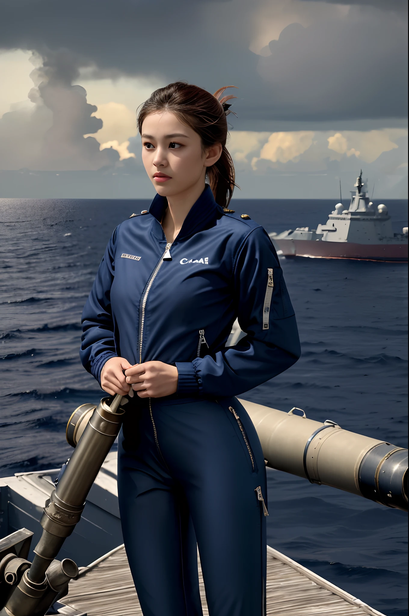 [((on warship deck,1 beautiful girl,Extremely exquisite facial details,short ponytail,Big watery eyes,small face,pale and flawless skin,Exquisite makeup,(Navy Blue zipped-up jacket:1.3),(navy blue pants:1.3),slim,alert,(Holding a cannon barrel in both hands:1.3),Aiming and shooting,from everywhere))],
masterpiece,highres, highest quality,intricate detail,best texture,realistic,8k,soft light,perfect shadow,
sea,sunny,cloudy,wind,wet, 
Age Of Wind,naval battle,conflict,bombard.firing,Smoke emitting from distant warships