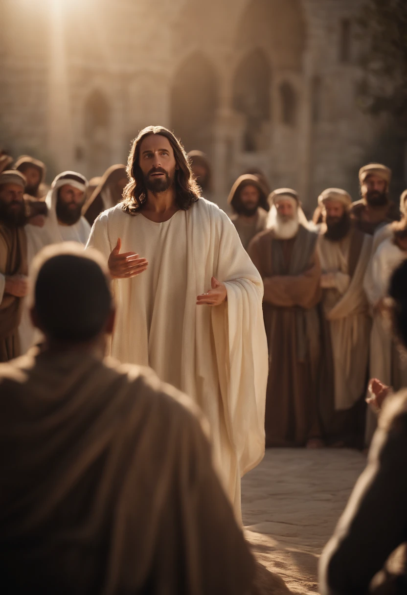 Jesus Christ preaching his teachings to the people of Jerusalem, with professional cinematic style and natural light