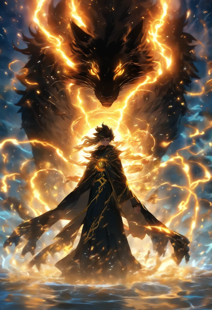 In this scene, a summoner rises, shrouded in a dark cloak adorned with mysterious golden runes that gleam intensely. Her black hair floats with a magical aura as she holds an ancient spellbook. Her eyes, serene, shine intensely. In the center, a majestic beast emerges from magical circles, now imbued with elements of lightning and water. Its dark fur radiates electric sparks, its eyes reflecting fury and watery energy. Thick chains hold it, but they are on the verge of breaking, while magical circles with bright symbols interlace. Golden light emanates from the summoner, highlighting the chains and creating a striking contrast. Electric sparks dance through the air, as do water droplets, symbolizing the convergence of powers. It's a scene of magic, natural elements, and the quest for freedom. The summoner's control contrasts with the impending release of the beast, with magical energy reaching its peak.