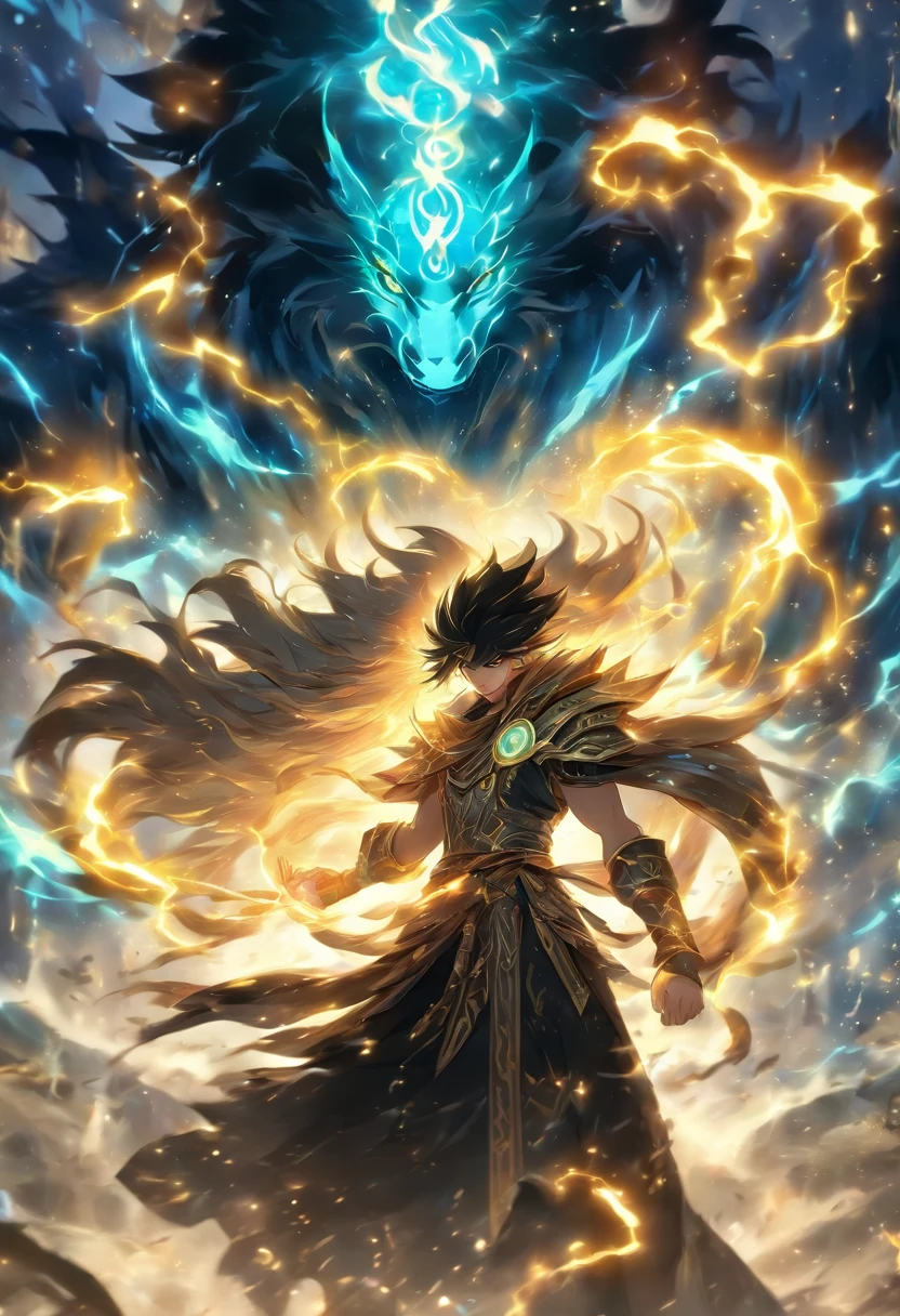 In this scene, a summoner rises, shrouded in a dark cloak adorned with mysterious golden runes that gleam intensely. Her black hair floats with a magical aura as she holds an ancient spellbook. Her eyes, serene, shine intensely. In the center, a majestic beast emerges from magical circles, now imbued with elements of lightning and water. Its dark fur radiates electric sparks, its eyes reflecting fury and watery energy. Thick chains hold it, but they are on the verge of breaking, while magical circles with bright symbols interlace. Golden light emanates from the summoner, highlighting the chains and creating a striking contrast. Electric sparks dance through the air, as do water droplets, symbolizing the convergence of powers. It's a scene of magic, natural elements, and the quest for freedom. The summoner's control contrasts with the impending release of the beast, with magical energy reaching its peak.