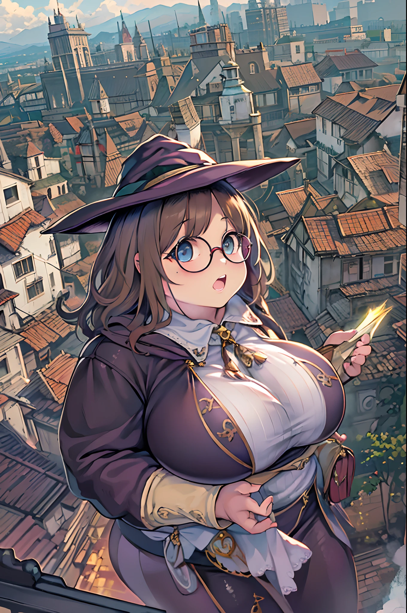 Fantasy,magic power,Realistic Girl Witch、bbw、huge-breasted、Anime style、Round glasses、Medieval cityscape