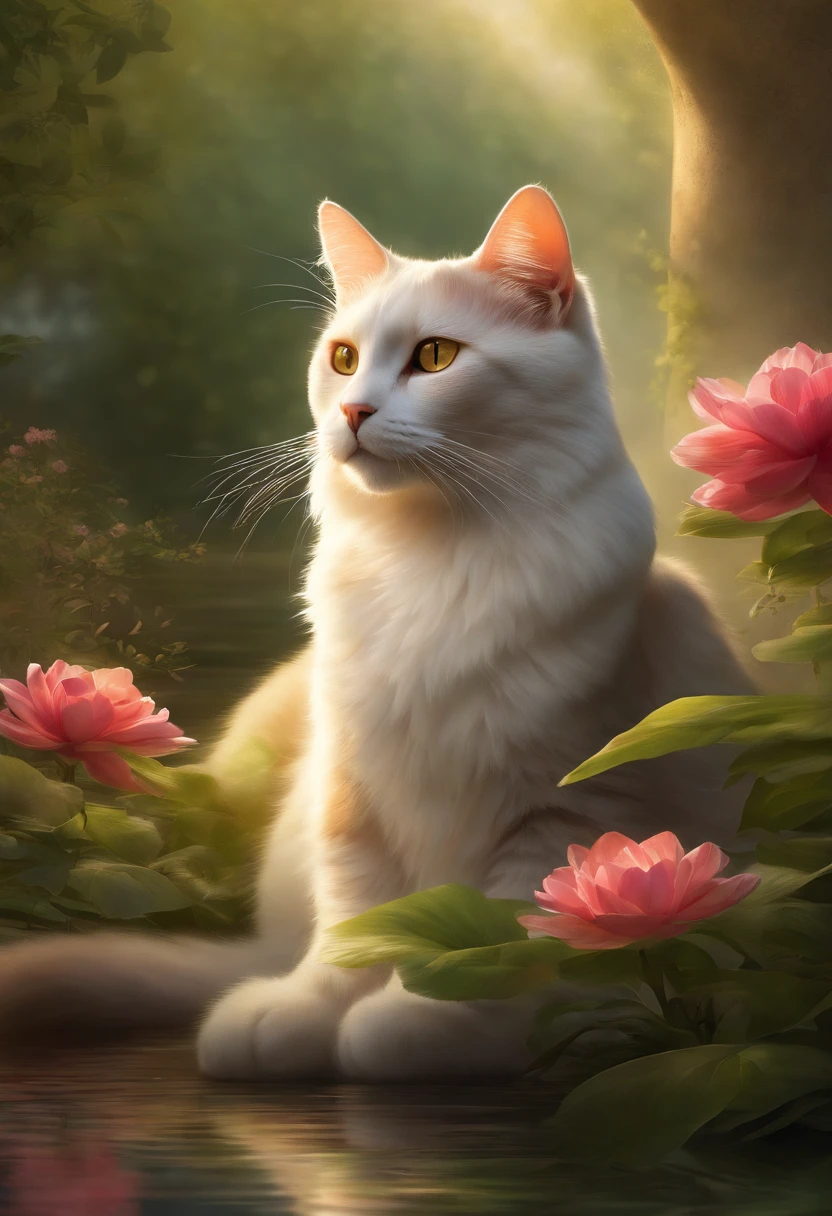 A guru cat sitting in a serene garden, meditating with its eyes closed. The cat's eyes are beautifully detailed, revealing a sense of wisdom and spirituality. Its fur is silky smooth, with a mix of light grey and white tones. The cat's body is nicely groomed, displaying a regal and calm presence. The garden is lush and vibrant, filled with colorful flowers, tall swaying trees, and a small pond with sparkling water. The sunlight gently filters through the leaves, casting a warm and peaceful glow over the scene. The cat is surrounded by an aura of tranquility and enlightenment. The overall image has the best quality, with ultra-detailed features and realistic textures. The colors are vivid and harmonious, creating a visually stunning and mesmerizing artwork. The prompt reflects the medium of painting, capturing the essence of a traditional masterpiece. The lighting is soft and natural, emphasizing the serenity of the garden.