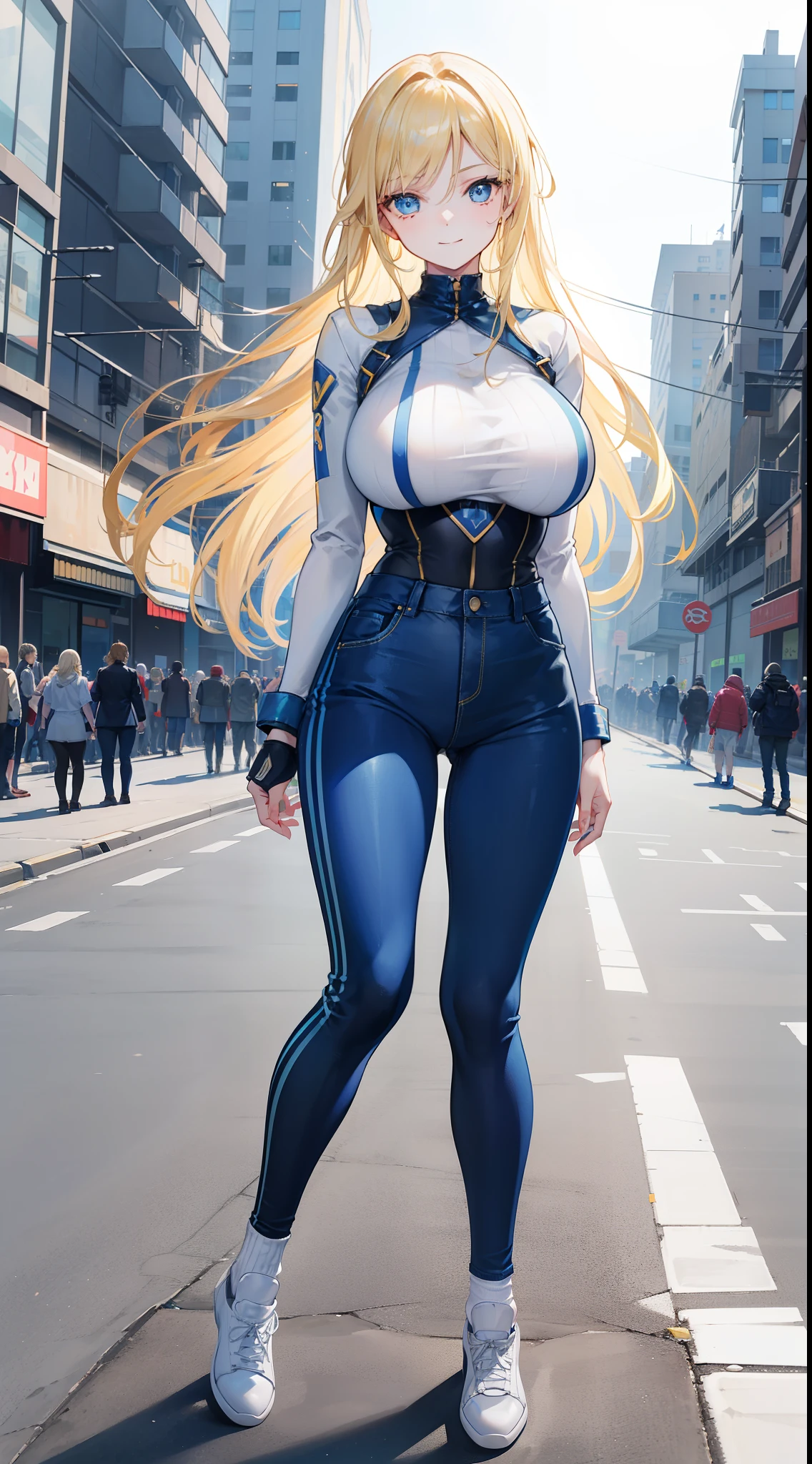 a beauty girl，(blonde with blue eyes)，(21st century)，modern urban，(Youth and liveliness)，tightsuit，denim short，(White knee-length socks)，Stand on the road，(A sea of people)，Background a lot of people，(With a smile)，(huge tit)