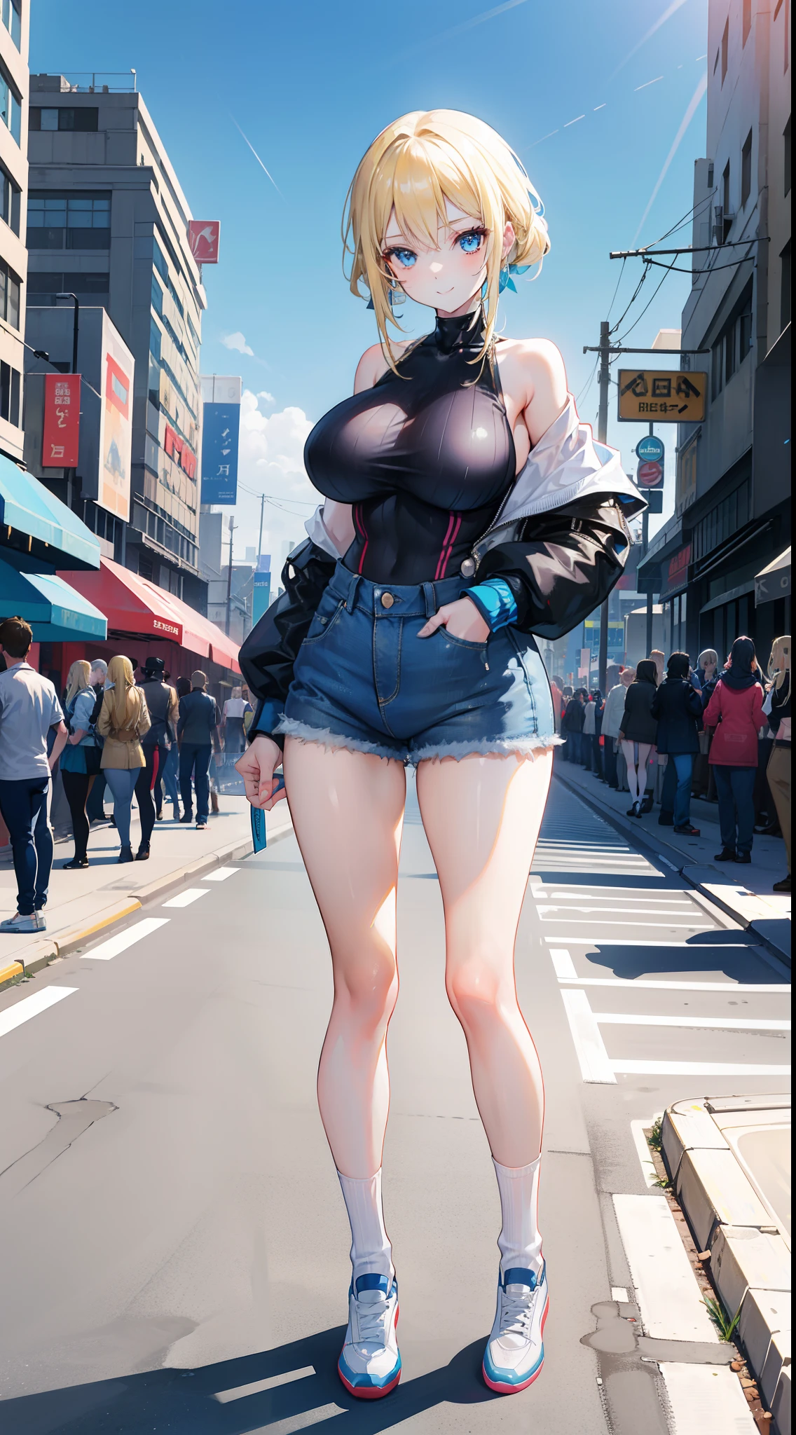a beauty girl，(blonde with blue eyes)，(21st century)，modern urban，(Youth and liveliness)，tightsuit，denim short，(White knee-length socks)，Stand on the road，(A sea of people)，Background a lot of people，(With a smile)，(huge tit)