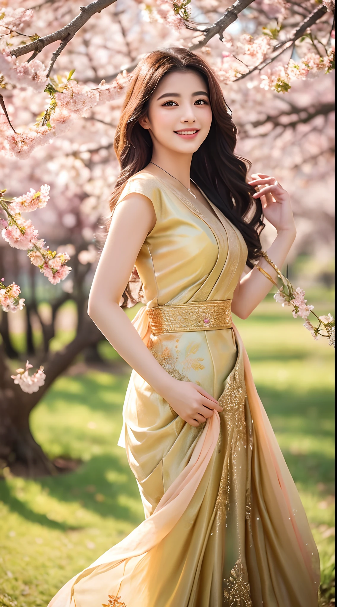(shining gold dress, long fluttering hair, radiant skin) is dancing gracefully in a field of blooming cherry blossoms. The scene is captured in an exquisite oil painting style with vibrant colors and meticulous brushstrokes. The sunlight gently filters through the delicate petals, casting a warm and dreamy atmosphere. The woman's eyes sparkle with joy and passion while her lips are adorned with a captivating smile. The intricate details of her dress shimmer with golden hues, reflecting light and creating a sense of enchantment. The composition is framed by the graceful branches of the cherry blossom trees, adding depth and a touch of nature to the artwork. The overall image quality is of the highest standard, with ultra-detailed features and photorealistic rendering. The rich palette of colors, including shades of pink, gold, and green, evokes a sense of beauty and serenity. The lighting in the painting is soft and natural, emphasizing the woman's elegant movements and enhancing the overall visual appeal.