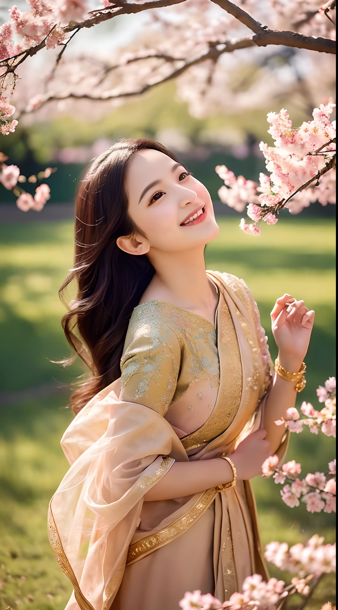 (shining gold dress, long fluttering hair, radiant skin) is dancing gracefully in a field of blooming cherry blossoms. The scene is captured in an exquisite oil painting style with vibrant colors and meticulous brushstrokes. The sunlight gently filters through the delicate petals, casting a warm and dreamy atmosphere. The woman's eyes sparkle with joy and passion while her lips are adorned with a captivating smile. The intricate details of her dress shimmer with golden hues, reflecting light and creating a sense of enchantment. The composition is framed by the graceful branches of the cherry blossom trees, adding depth and a touch of nature to the artwork. The overall image quality is of the highest standard, with ultra-detailed features and photorealistic rendering. The rich palette of colors, including shades of pink, gold, and green, evokes a sense of beauty and serenity. The lighting in the painting is soft and natural, emphasizing the woman's elegant movements and enhancing the overall visual appeal.