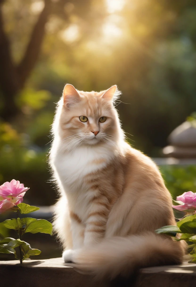 A guru cat sitting in a serene garden, meditating with its eyes closed. The cat's eyes are beautifully detailed, revealing a sense of wisdom and spirituality. Its fur is silky smooth, with a mix of light grey and white tones. The cat's body is nicely groomed, displaying a regal and calm presence. The garden is lush and vibrant, filled with colorful flowers, tall swaying trees, and a small pond with sparkling water. The sunlight gently filters through the leaves, casting a warm and peaceful glow over the scene. The cat is surrounded by an aura of tranquility and enlightenment. The overall image has the best quality, with ultra-detailed features and realistic textures. The colors are vivid and harmonious, creating a visually stunning and mesmerizing artwork. The prompt reflects the medium of painting, capturing the essence of a traditional masterpiece. The lighting is soft and natural, emphasizing the serenity of the garden.