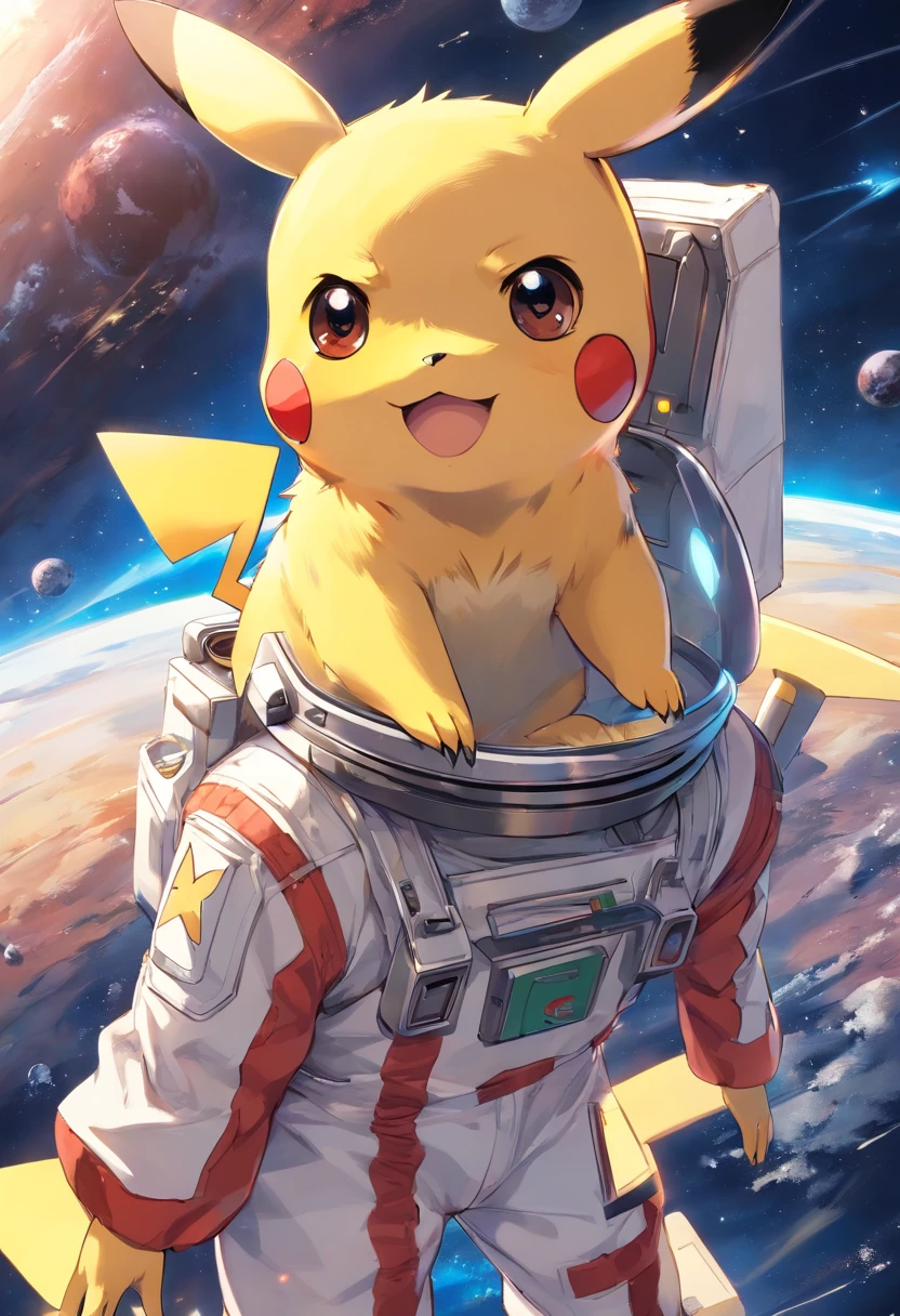 Playful cute Pikachu in astronaut clothes,Liveliness and agility,yellow and soft hair,red blush,Size, twinkle eyes,Cute pointed ears。(Pikachu:1.5)
