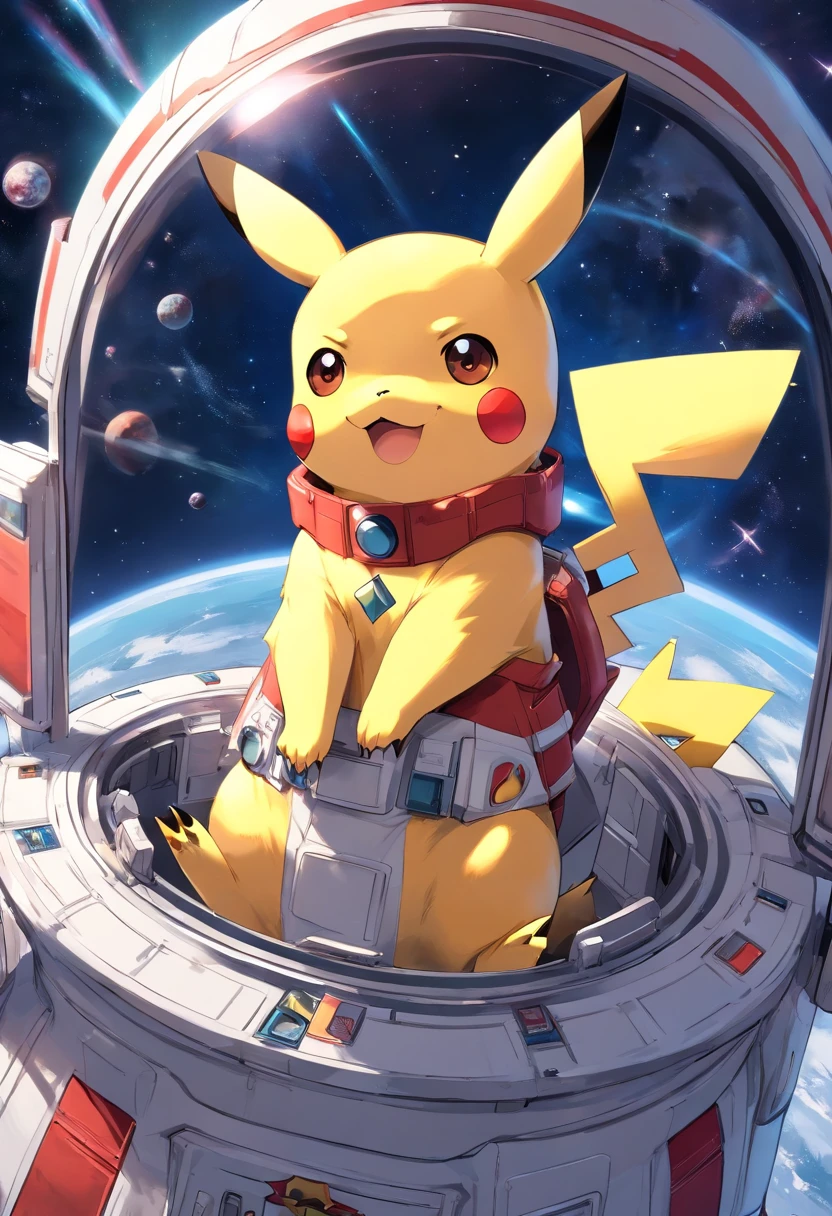 Playful cute Pikachu in astronaut clothes,Liveliness and agility,yellow and soft hair,red blush,Size, twinkle eyes,Cute pointed ears。(Pikachu:1.5)
