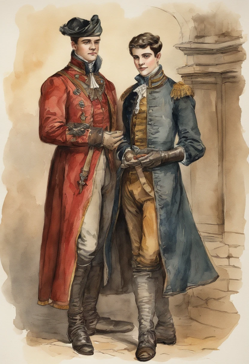 vintage watercolor painting,fine line drawing,aged appearance, comic style, 14 years old boy, European aristocracy, short wavy black hair parted in the middle, leather brestplate, sorcerer's robe, Full body shot, artistic drawing