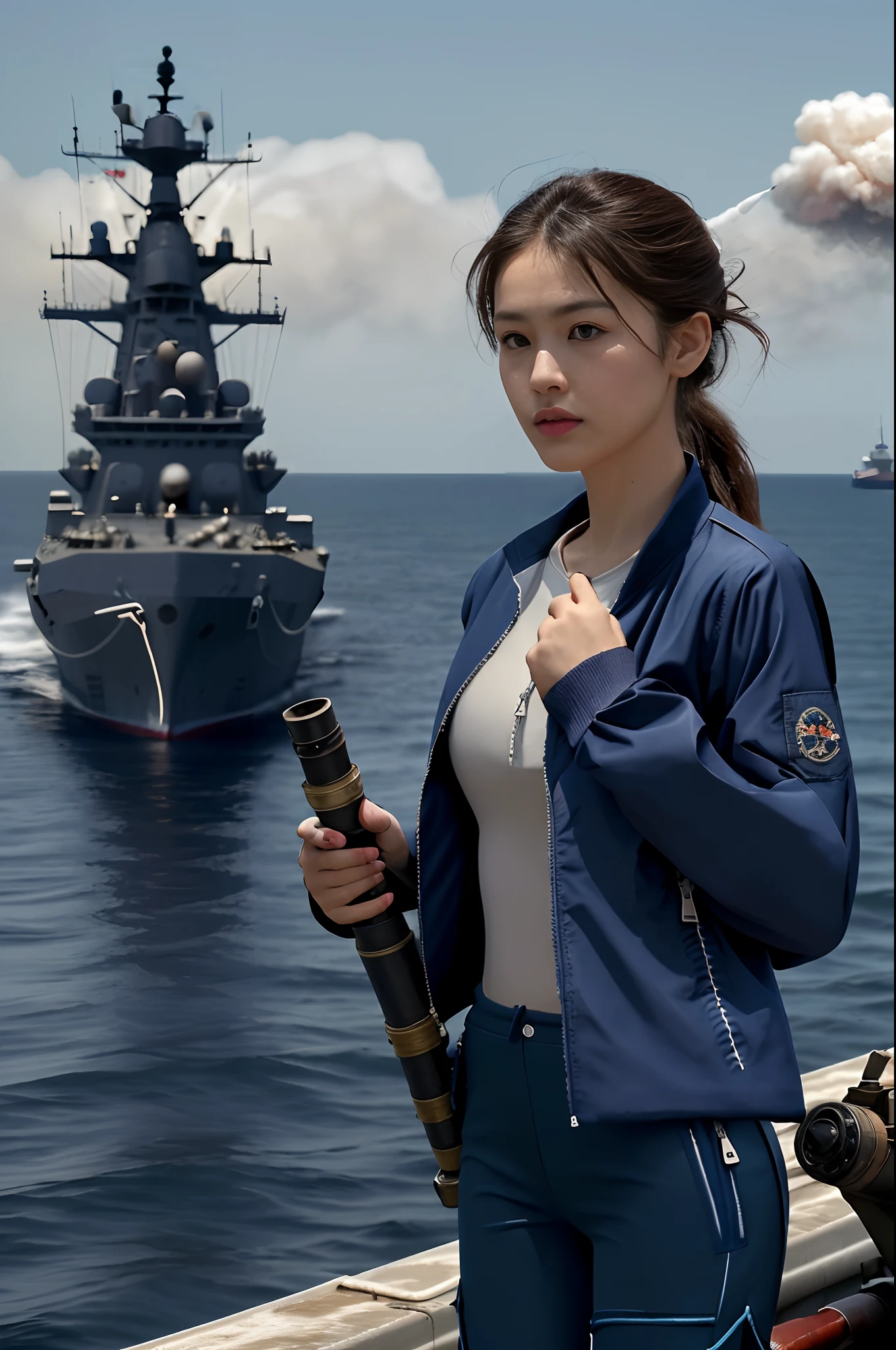 [((on warship deck,1 beautiful girl,Extremely exquisite facial details,short ponytail,Big watery eyes,small face,pale and flawless skin,Exquisite makeup,(Navy Blue zipped-up jacket:1.3),(navy blue pants:1.3),slim,alert,(Holding a cannon barrel in both hands:1.3),Aiming and shooting,from everywhere))],
masterpiece,highres, highest quality,intricate detail,best texture,realistic,8k,soft light,perfect shadow,
sea,sunny,cloudy,wind,wet, 
Age Of Wind,naval battle,conflict,bombard.firing,Smoke emitting from distant warships