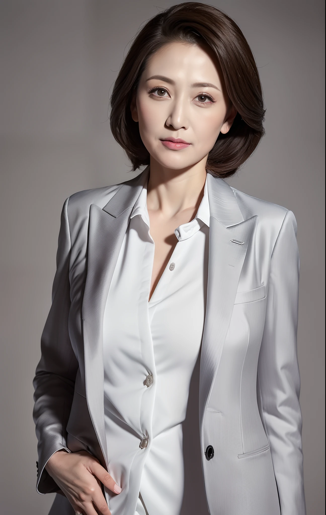 masterpiece,highest quality, (mature woman alone), ((portrait:1.5)), compensate, Elegant gray suit, white shirt, Touching your own chest, ((Seduction expression)),