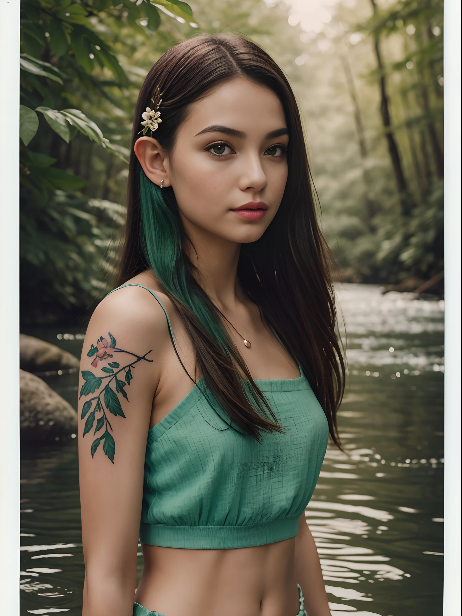 green mint hair,long hair,single sidelock hairpin blush modern cinematic lighting,ray tracing,drop shadow wide shot UHD, glowing skin,textured skin,high details, full body,in the river at night, elf ears, forest, thick leafy trees, beautiful flowers,the tattoo,best quality 4K, ((top quality, 8k, masterpiece: 1.3)), 1 girl, (8k, RAW photo, best quality, masterpiece:1.2), (realistic, photo-realistic:1.37),vintage Polaroid Swinger, 85mm f/5.6, 1/60s, ISO 50