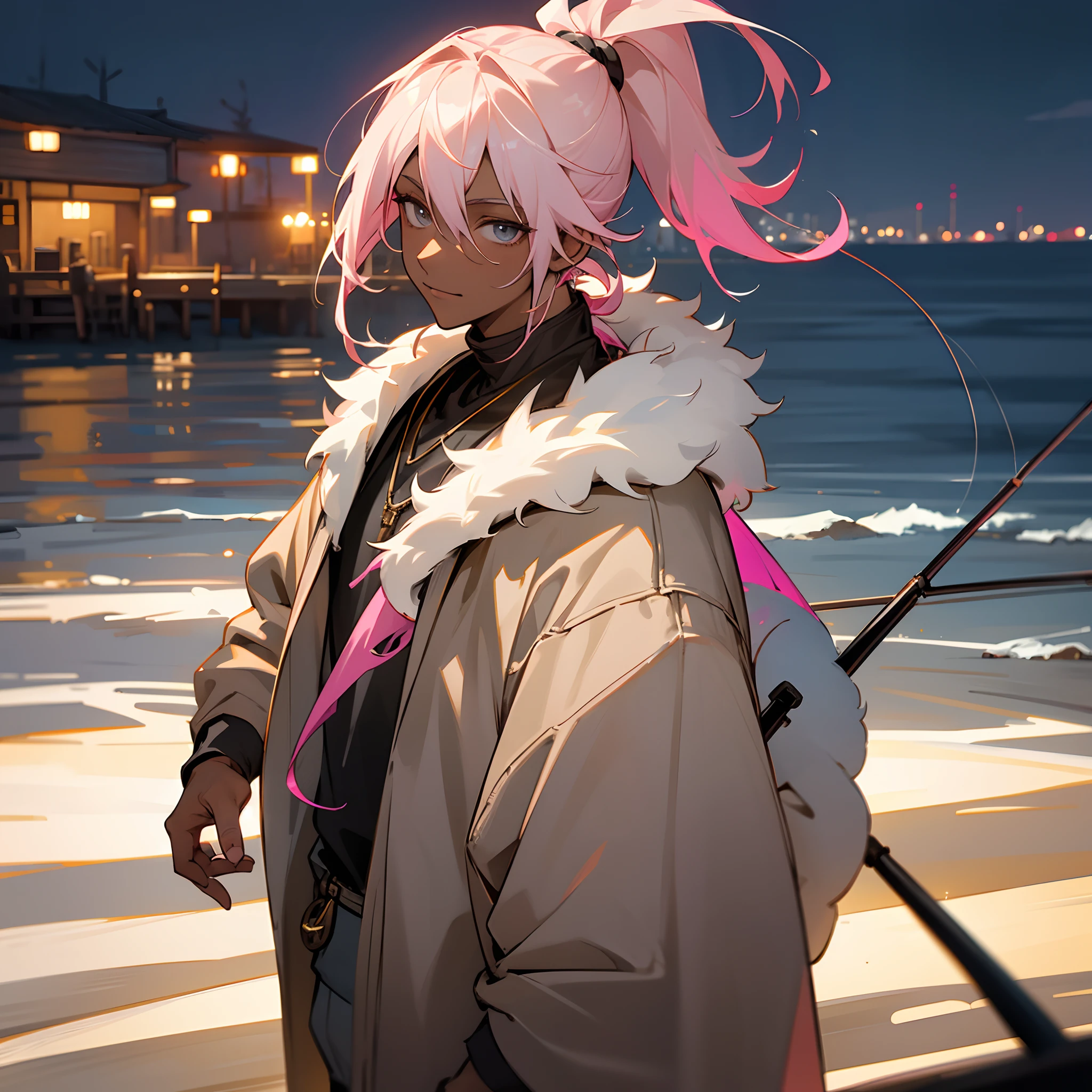 1male, young, dark skin, pale blonde side ponytail with pink highlights, grey eyes, loose casual clothes, jacket with oversized fur hood, necklace, best lighting and shadows, night time fishing village, light smile