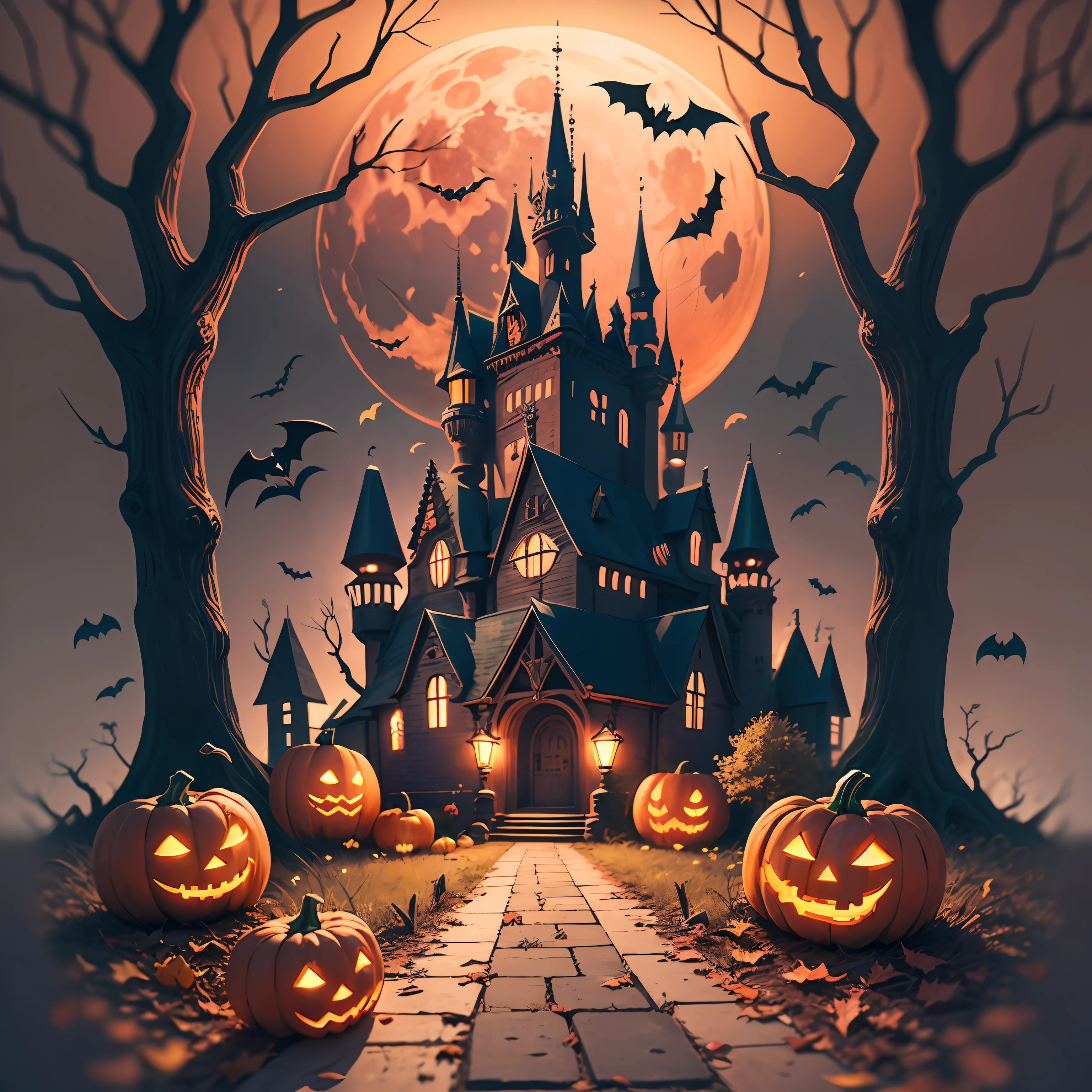 Halloween poster, pumpkins, bats, withered giant branches, red moon, ray tracing, stacked chests, castle