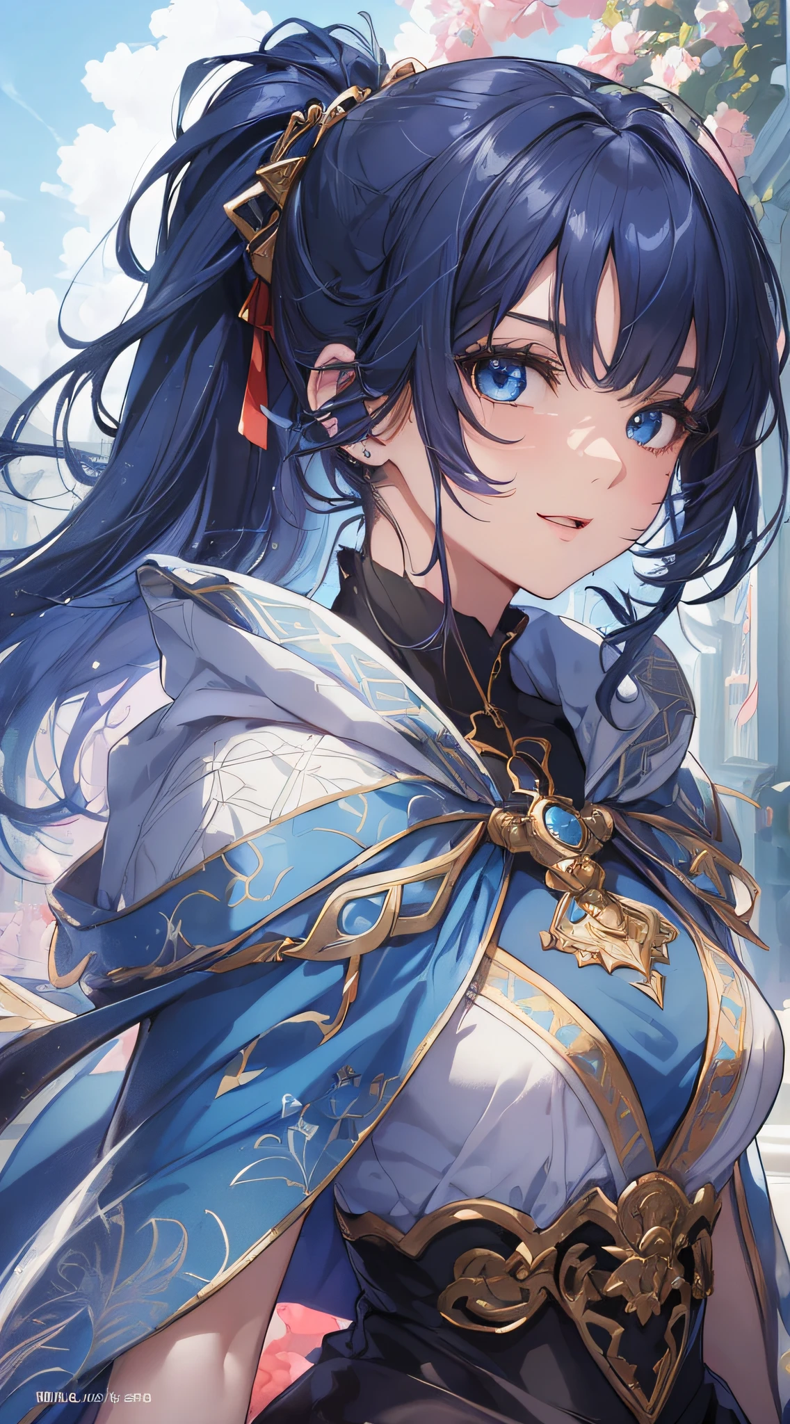 top-quality、Top image quality、masterpiece、girl with((cute little、18year old、Best Bust、Medium bust、Bust 85,Beautiful blue eyes、Breasts wide open,Ponytail with black hair、A slender、Blue hair mesh、white t-shirts,red cloak、falda corta,Laugh、Leaning forward、levitation))hiquality、Beautiful Art、Background with((blue-sky、mid air)),masutepiece、Elaborate design、visualart、depth of fields、The best lighting、highestdetailed、8k