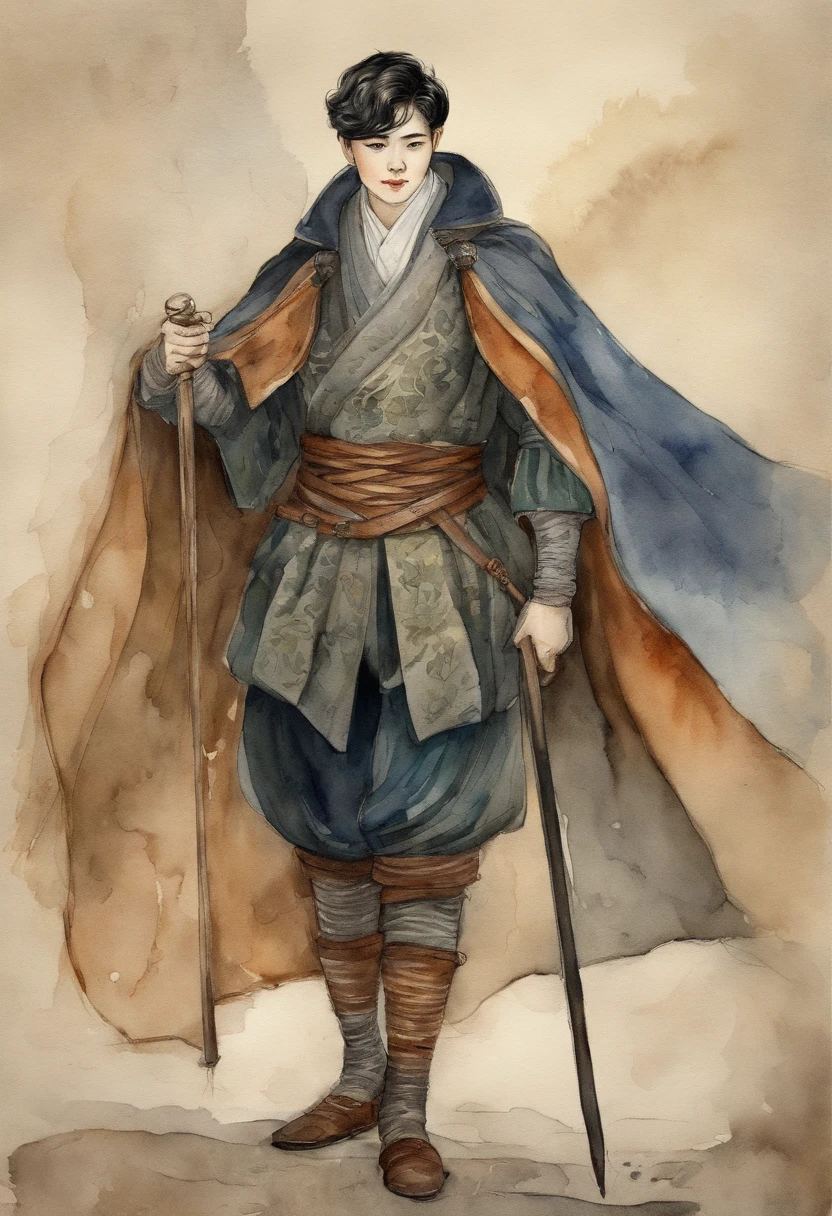 vintage watercolor painting,fine line drawing,aged appearance, japanese comic style, 14 years old boy, European aristocracy, short wavy black hair parted in the middle, leather brestplate, sorcerer's robe, Full body shot, artistic drawing