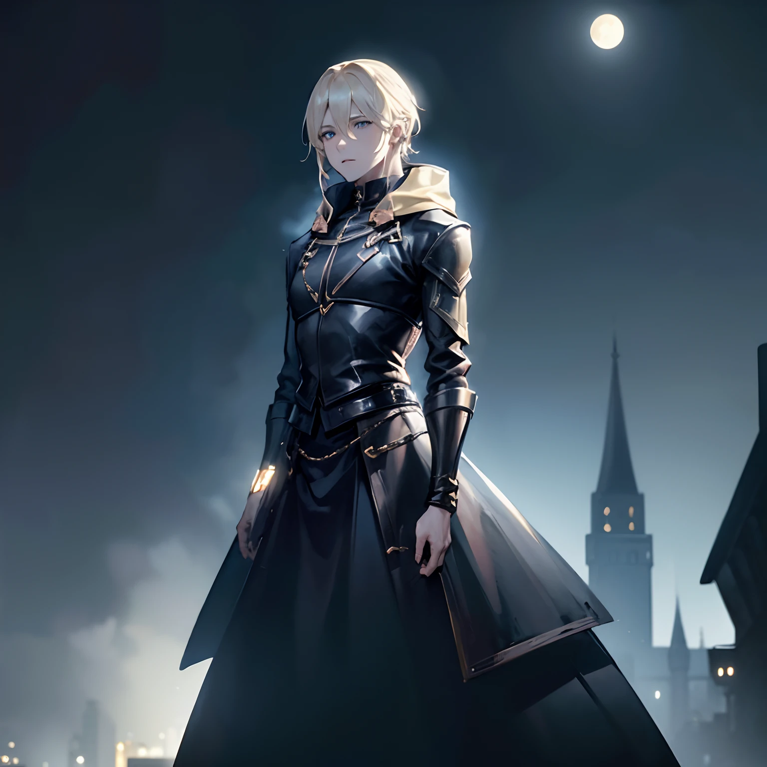 (man with blond hair,blue eyes,wearing a black outfit with golden details and a hoodie on top of a towering building at night with a full moon in the sky),medium:oil painting,ultra-detailed,highres,vivid colors,nighttime cityscape,urban,moonlight,moody lighting,city lights,shadows,dramatic atmosphere