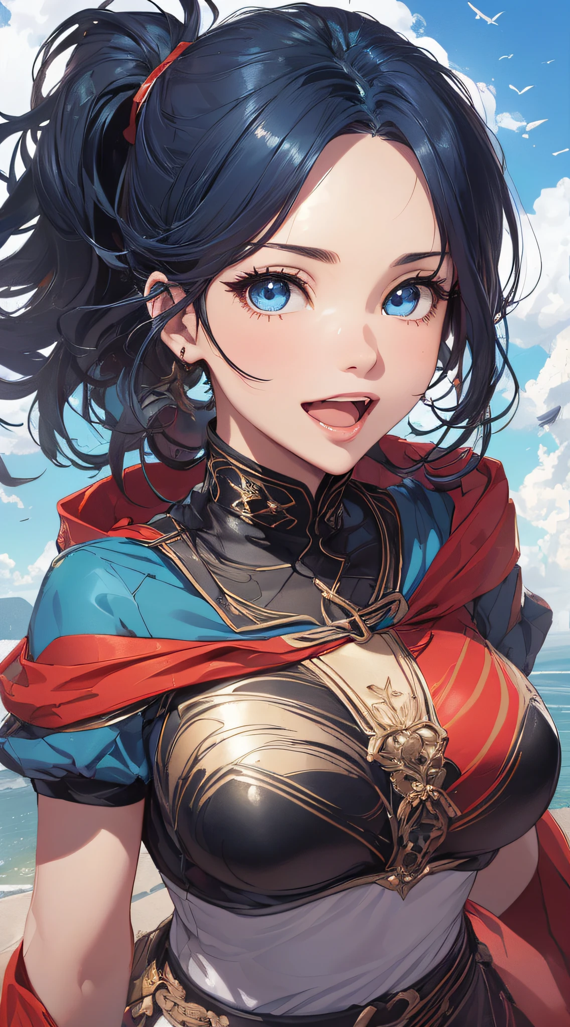 top-quality、Top image quality、​masterpiece、girl with((cute little、18year old、Best Bust、Medium bust、Bust 85,Beautiful blue eyes、Breasts wide open,Ponytail with black hair、A slender、Blue hair mesh、white t-shirts,red cloak、falda corta,Laugh、Leaning forward、Flying in the sky)）hiquality、Beautiful Art、Background with((blue-sky、mid air、flying though the air)),masutepiece、Elaborate design、visualart、depth of fields、The best lighting、highestdetailed、8ｋ