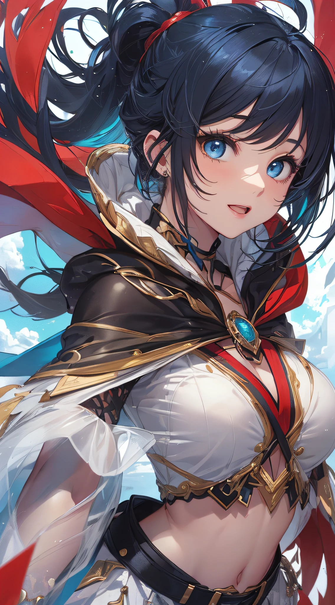 top-quality、Top image quality、​masterpiece、girl with((cute little、18year old、Best Bust、Medium bust、Bust 85,Beautiful blue eyes、Breasts wide open,Ponytail with black hair、A slender、Blue hair mesh、white t-shirts,red cloak、falda corta,Laugh、Leaning forward、Flying in the sky)）hiquality、Beautiful Art、Background with((blue-sky、mid air、flying though the air)),masutepiece、Elaborate design、visualart、depth of fields、The best lighting、highestdetailed、8ｋ