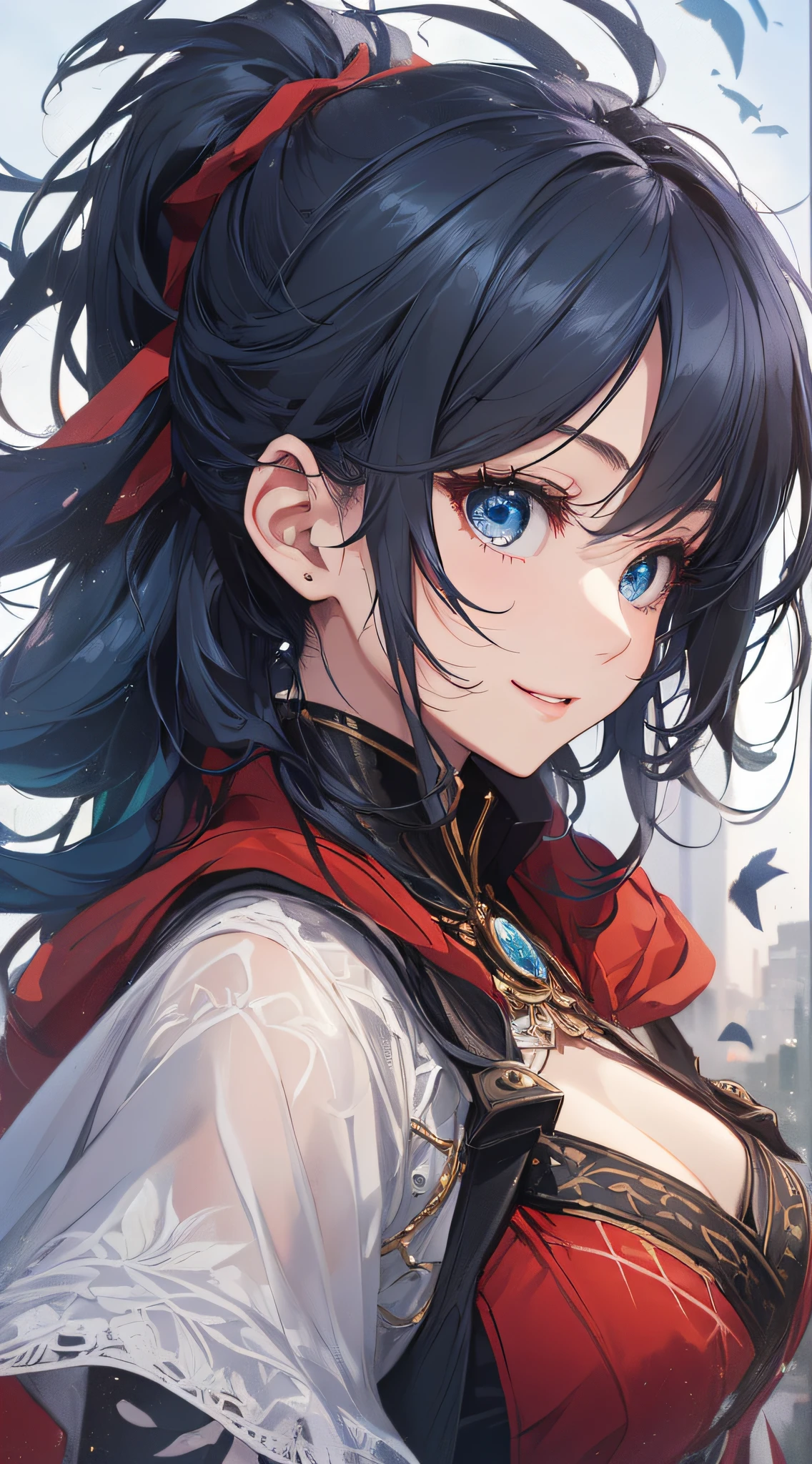 top-quality、Top image quality、masterpiece、girl with((cute little、18year old、Best Bust、Medium bust、Bust 85,Beautiful blue eyes、Breasts wide open,Ponytail with black hair、A slender、Blue hair mesh、white t-shirts,red cloak、falda corta,Laugh、Leaning forward、Flying in the sky))hiquality、Beautiful Art、Background with((blue-sky、mid air、flying though the air)),masutepiece、Elaborate design、visualart、depth of fields、The best lighting、highestdetailed、8k