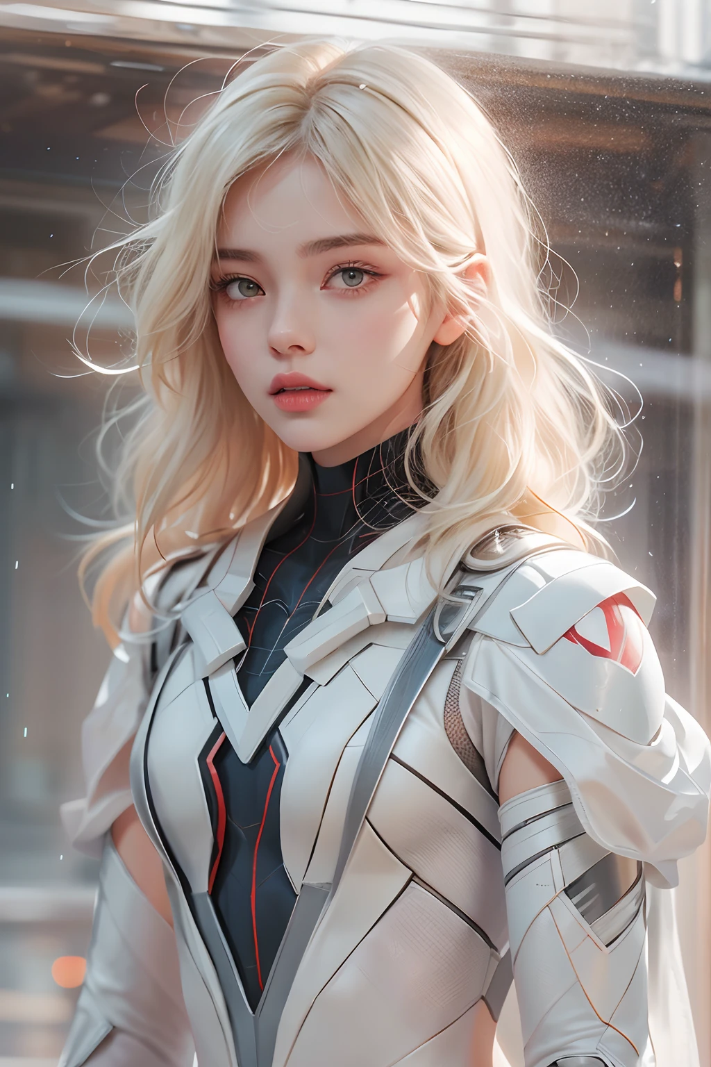 18yo girl，White Spider-Man suit，Full body like，short and wavy hair，blond hairbl，beautifulface，Sateen，the roof，tmasterpiece，exquisite detailing，Perfect anatomy