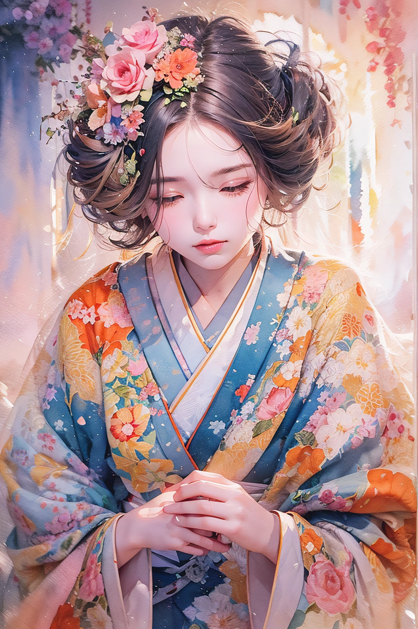 A woman in a kimono waiting for her love. She can hardly stand still, worrying about her loved one who has gone to the war.(Watercolor) (Blurred outline) (Vivid colors) (Super delicate lines) (Masterpiece) (Fantastic atmosphere) (Very high quality) (Painting with three-dimensional effect)