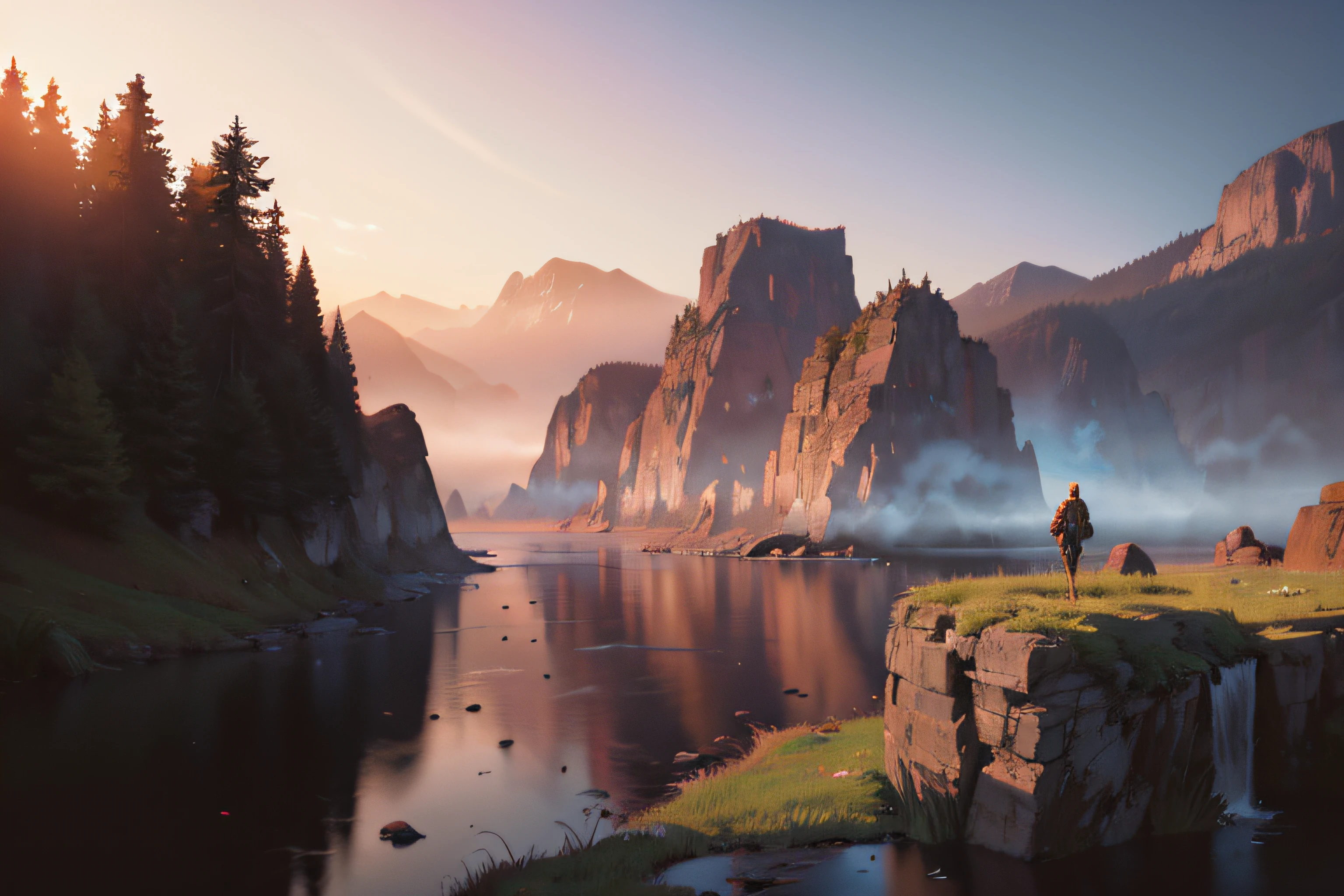 A beautiful landscape at dawn by atey ghailan, ismail inceoglu, michal lisowski, artstation, volumetric light, high detail, perfect,
(official art,unity 8k wallpaper,ultra detailed,High quality,best quality)