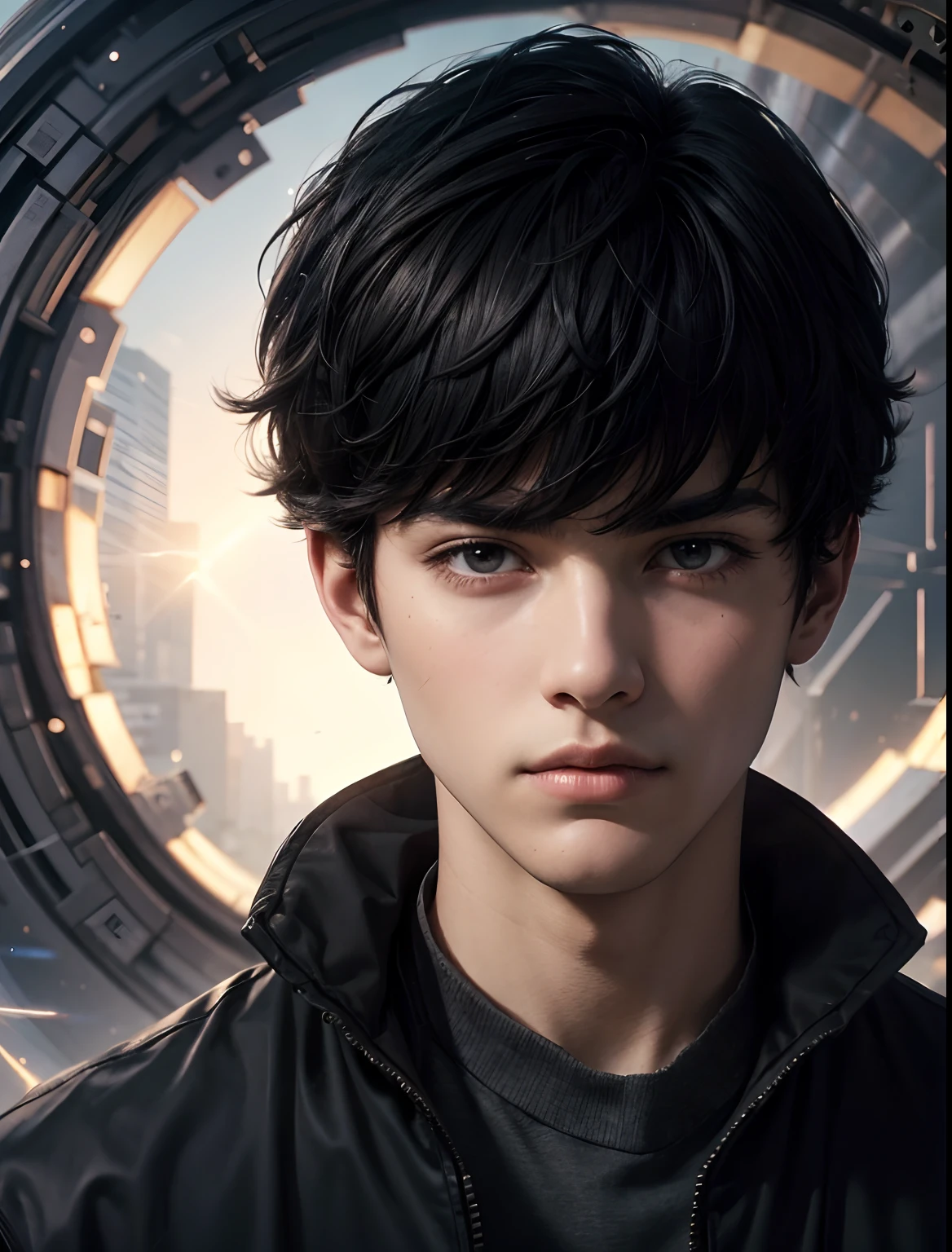 A beautiful man. Late teens. Short black hair. Her bangs are down. Neutral facial features. He wears modern clothing, and a wormhole appears behind him that leads to a parallel world. Serious look. 8K image quality. A masterpiece.