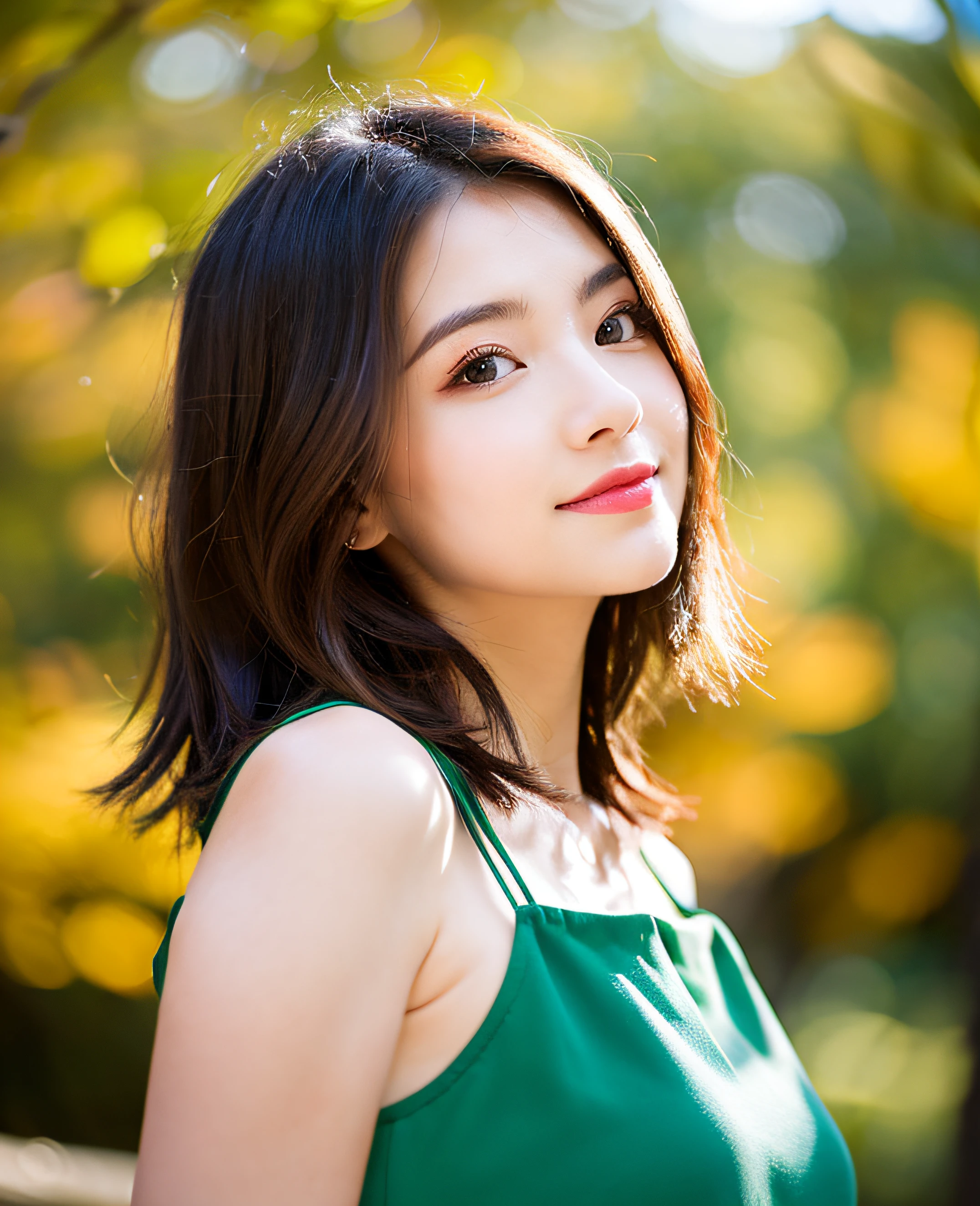 (((Medium Hair))), Top Quality, 8K, Absurdity: 1.2, Background Blur, Bokeh: 1.2, Photo, (Raw Photo: 1.2), (Photoreal: 1.4), (Complex Details: 1.2), Nice Women, Delicate and Beautiful Details, (Detailed Eyes), (Detailed Facial Features), Petite, (((Normal Breasts))), Beautiful Skin, (Best Quality: 1.4), (((Green) Shoulder dress))) Beautiful autumn leaves background, full body photo,