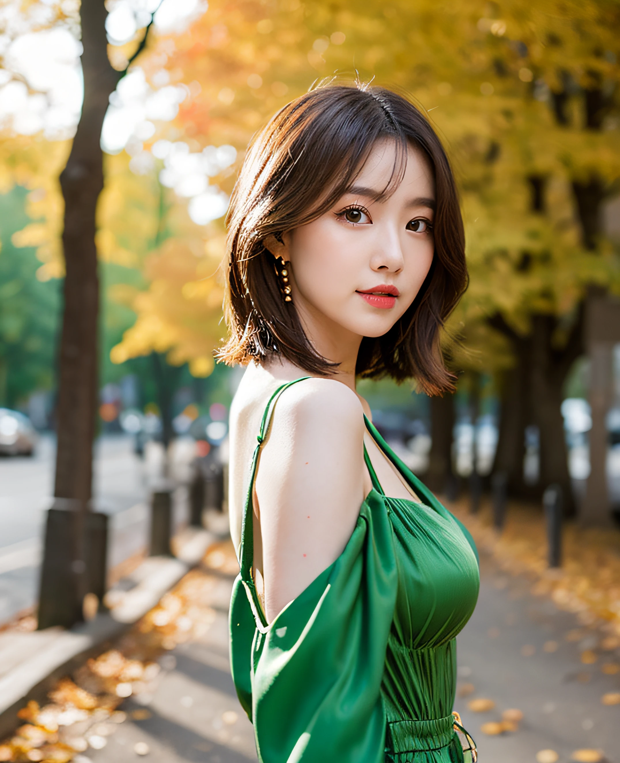 (((Medium Hair))), Top Quality, 8K, Absurdity: 1.2, Background Blur, Bokeh: 1.2, Photo, (Raw Photo: 1.2), (Photoreal: 1.4), (Complex Details: 1.2), Nice Women, Delicate and Beautiful Details, (Detailed Eyes), (Detailed Facial Features), Petite, (((Normal Breasts))), Beautiful Skin, (Best Quality: 1.4), (((Green) Shoulder dress))) Beautiful autumn leaves background, full body photo,