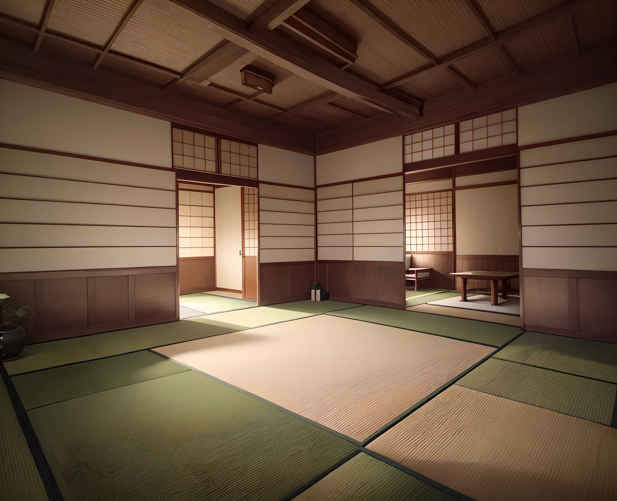 there is a room with a tata screen and a table, tatami galaxy, in a dojo, japanese house, Japanese style, by Shūbun Tenshō, inspired by Shūbun Tenshō, by Gusukuma Seihou, by Taiyō Matsumoto, inspired by Gusukuma Seihō, (white futon laying flat on floor)