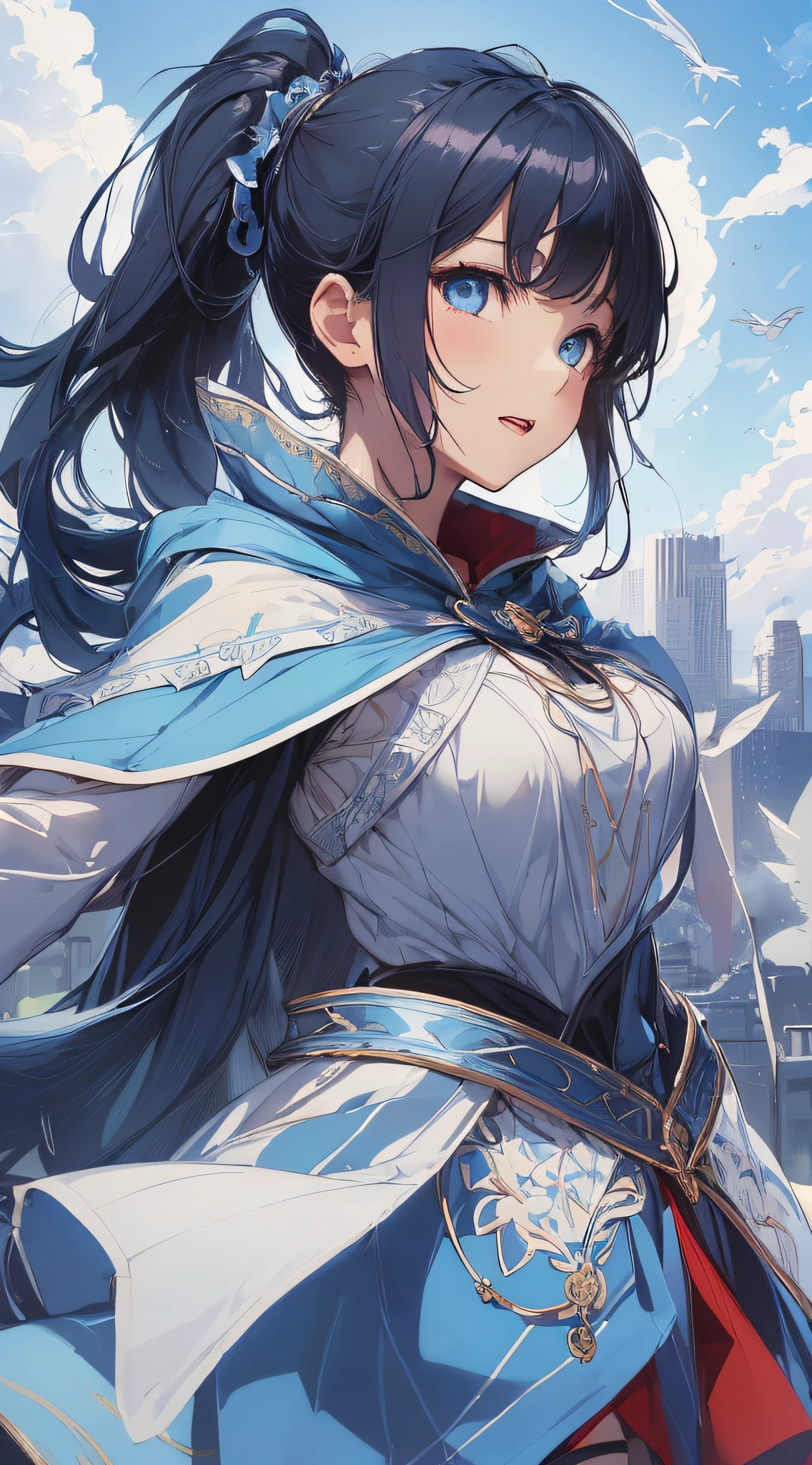 top-quality、Top image quality、masterpiece、girl with((cute little、18year old、Best Bust、Medium bust、Bust 85,Beautiful blue eyes、Breasts wide open,Ponytail with black hair、A slender、Blue hair mesh、white t-shirts,red cloak、falda corta,Laugh、Leaning forward、Flying in the sky、Reflecting the whole body、Fluttering cloak、Fluttering short skirt))hiquality、Beautiful Art、Background with((blue-sky、mid air、flying though the air)),masutepiece、Elaborate design、visualart、depth of fields、The best lighting、highestdetailed、8k