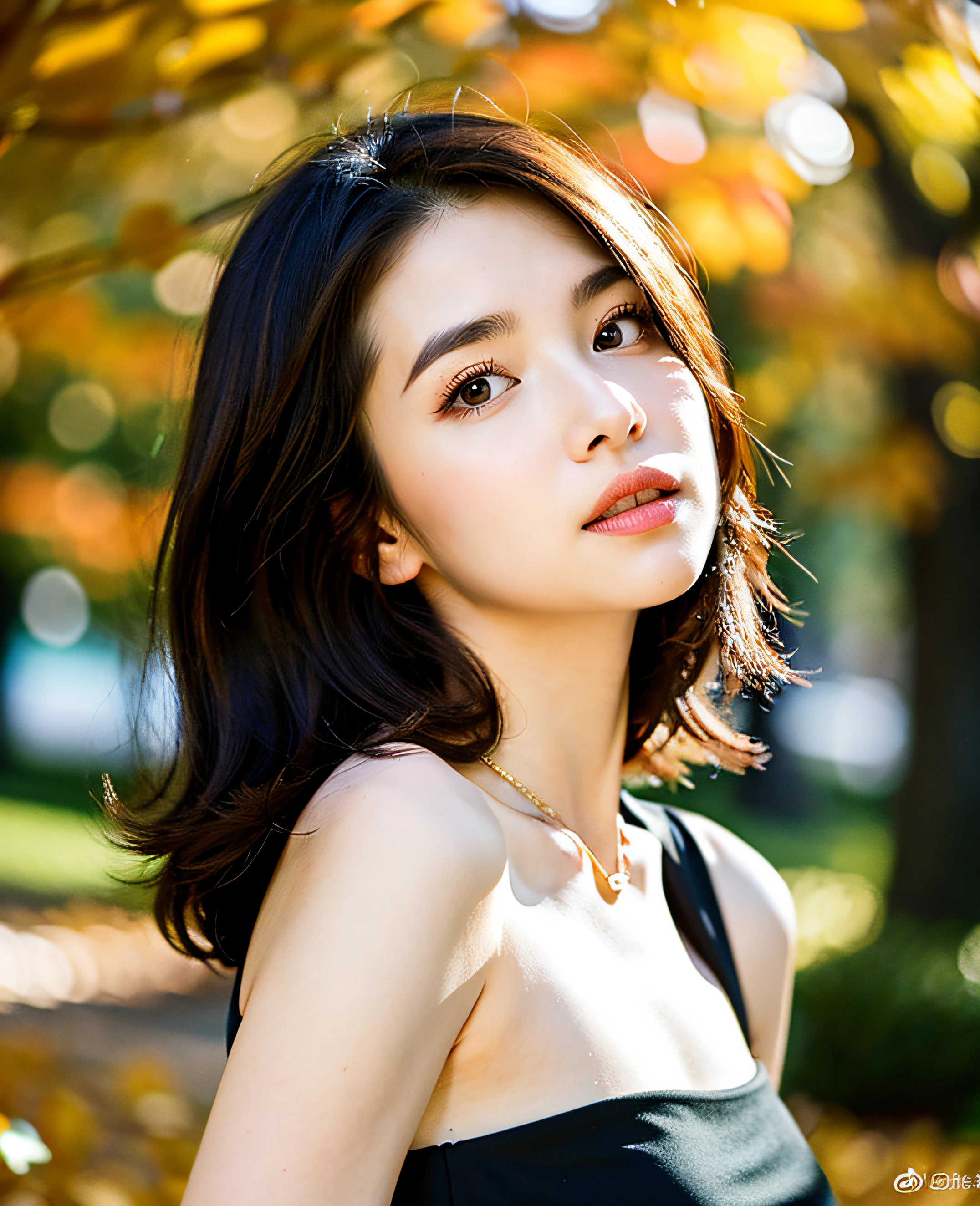 (((Medium Hair))), Top Quality, 8K, Absurdity: 1.2, Background Blur, Bokeh: 1.2, Photo, (Raw Photo: 1.2), (Photoreal: 1.4), (Complex Details: 1.2), Nice Women, Delicate and Beautiful Details, (Detailed Eyes), (Detailed Facial Features), Petite, (((Normal Breasts))), Beautiful Skin, (Best Quality: 1.4), (((Black) Shoulder dress))) Beautiful autumn leaves background, (full body shot),