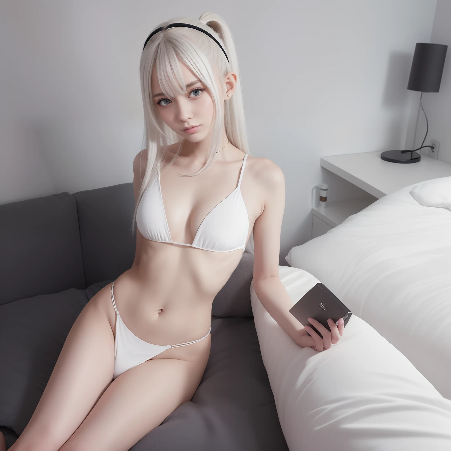 White-only base, Black and gray(Futuristic Nordic city),White Wall Hotel Bed,20 years girl,masutepiece , Best Quality,The best illustrations(Soft texture),Nahida(GenshinImpact) ,very slender body,tiny chest,Skinny Legs,Long hair ,Side Ponytail, Hair Ornament ,Street,White hair , White hair , hand behind head:1.5,multicolored hair, elf ,Skinny Legs,smil,Tsundere,toppless,Sleep in bed