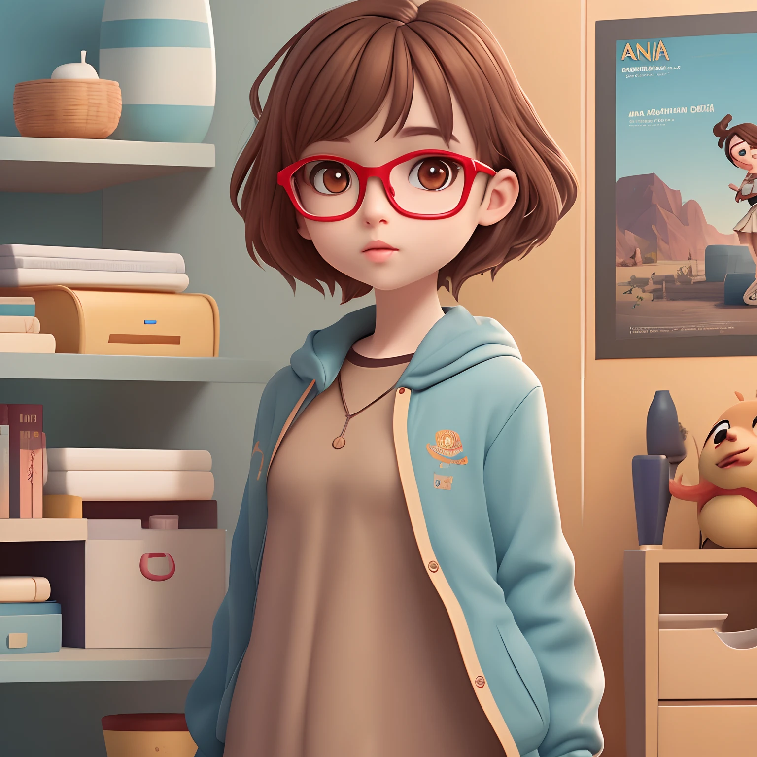 A Disney Pixar-inspired movie poster with title "Ana". The film should star a girl with brown medium hair and brown eyes, and with glasses who is thin and wants to be an engineer. The scene should be in distintas digital art style of Pixar, with a focus on character expressions, vibrant colors and detailed texture that are characteristic of their animations with the title "Ana"