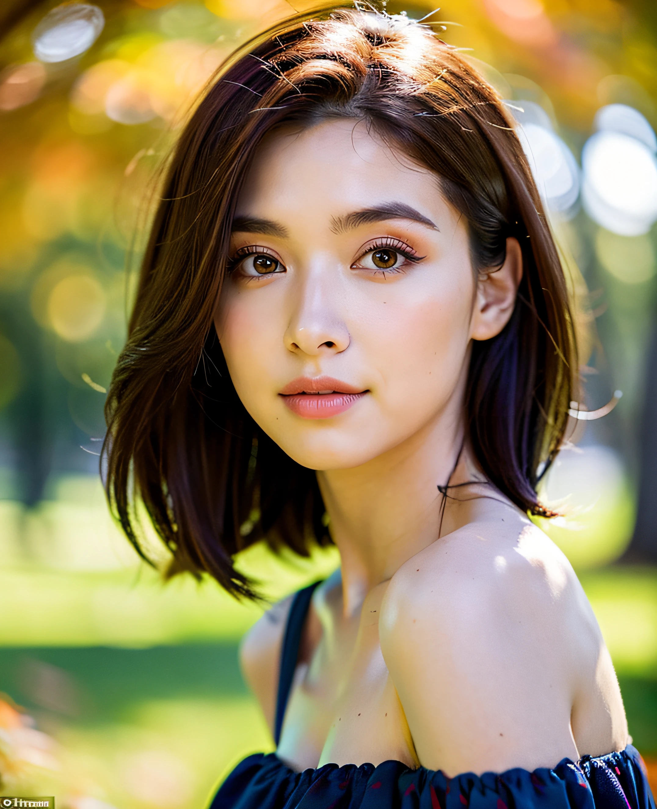 (((medium hair))), highest quality, 8K, absurd: 1.2, background blur, bokeh: 1.2, photo, (raw photo: 1.2), (Photorealsitic: 1.4), (complex details: 1.2), nice woman, delicate and beautiful details, (detailed eyes), (detailed facial features), petite, (((normal breasts))), beautiful skin, (best quality: 1.4), (((off red) Shoulder dress))) with beautiful autumn leaves in the background