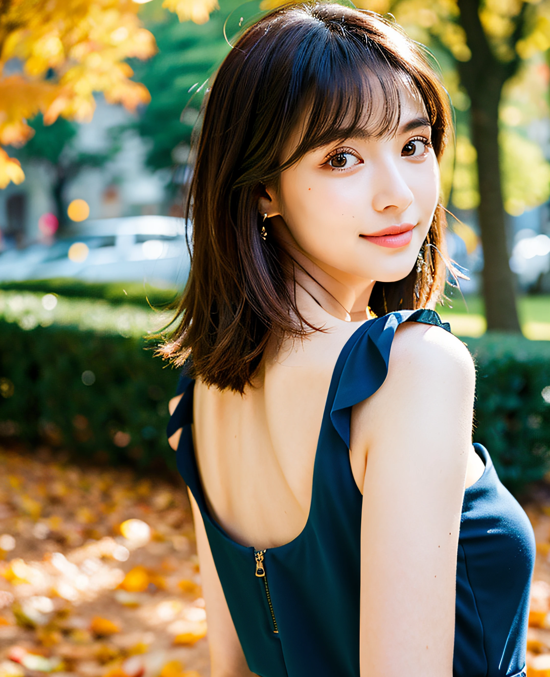 (((Medium Hair))), Top Quality, 8K, Absurdity: 1.2, Background Blur, Bokeh: 1.2, Photo, (Raw Photo: 1.2), (Photoreal: 1.4), (Complex Details: 1.2), Nice Women, Delicate and Beautiful Details, (Detailed Eyes), (Detailed Facial Features), Petite, (((Normal Breasts))), Beautiful Skin, (Best Quality: 1.4), (((Deep Blue) Shoulder dress))) Beautiful autumn leaves background, (full body shot),